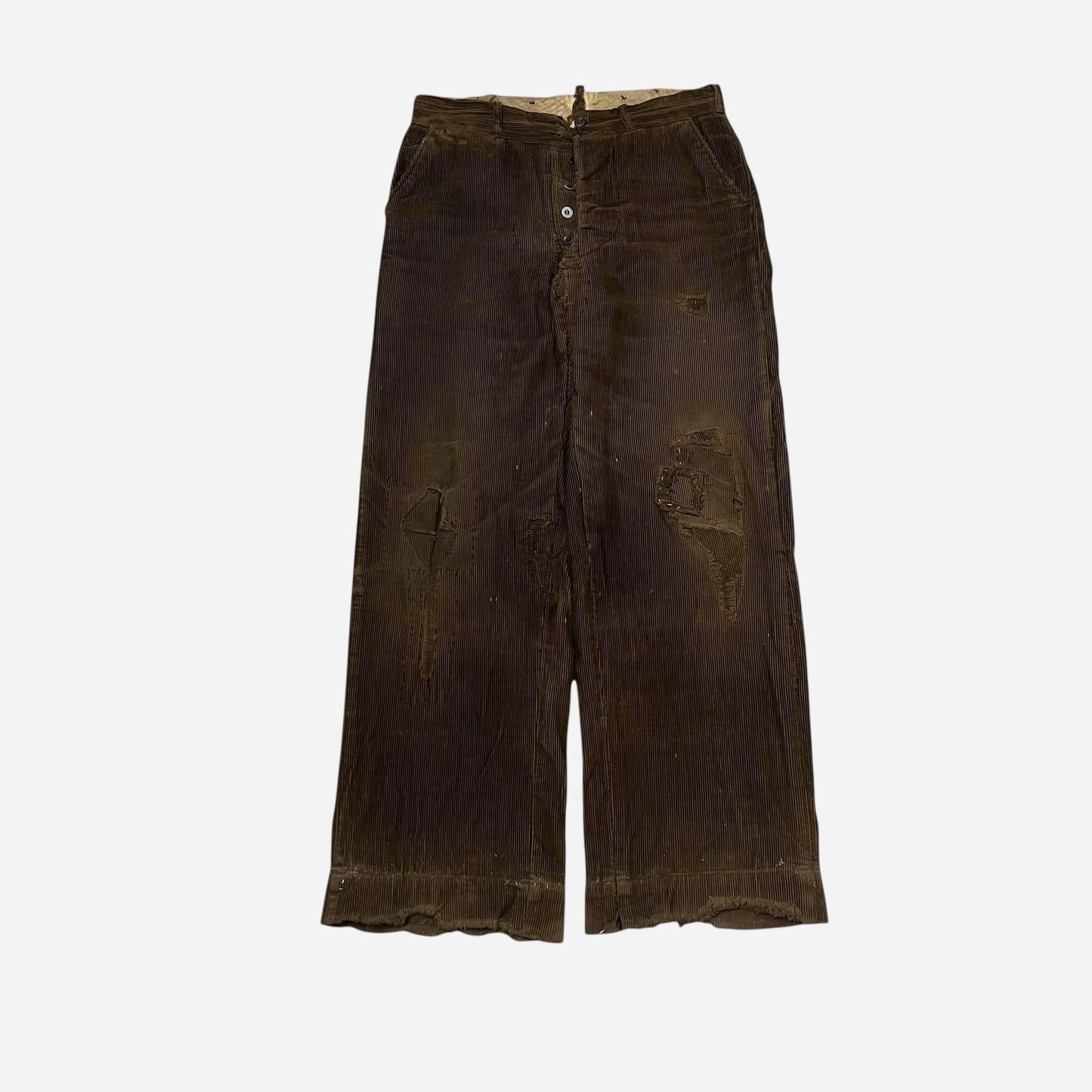 1920s Brown corduroy double button fly heavily repaired pants (32w)