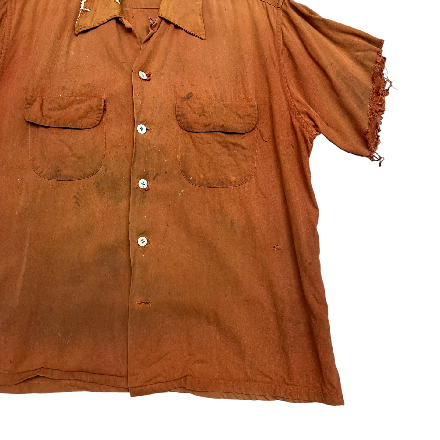 1950s Distressed orange rayon loop collar shirt (L)