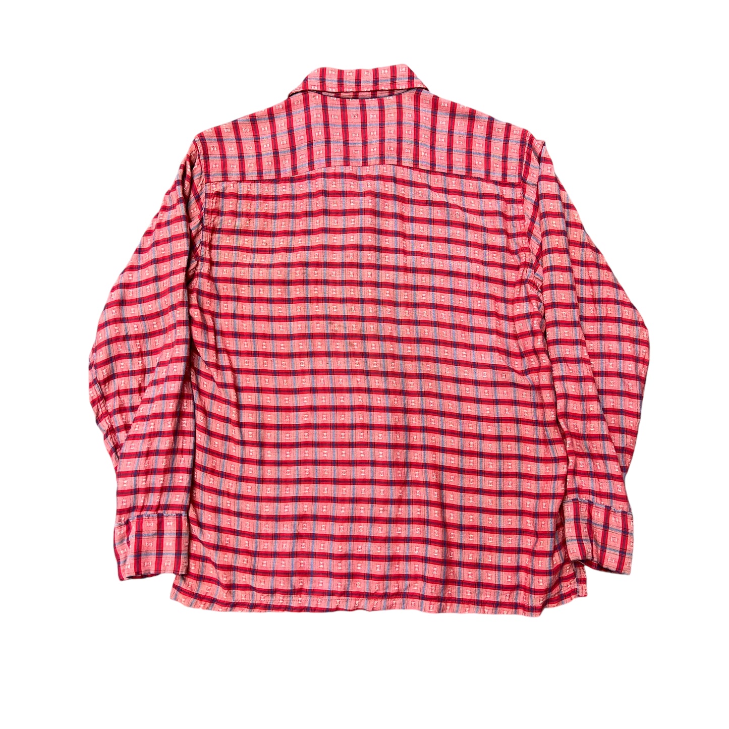 1950s Rayon red plaid loop collar shirt (S)