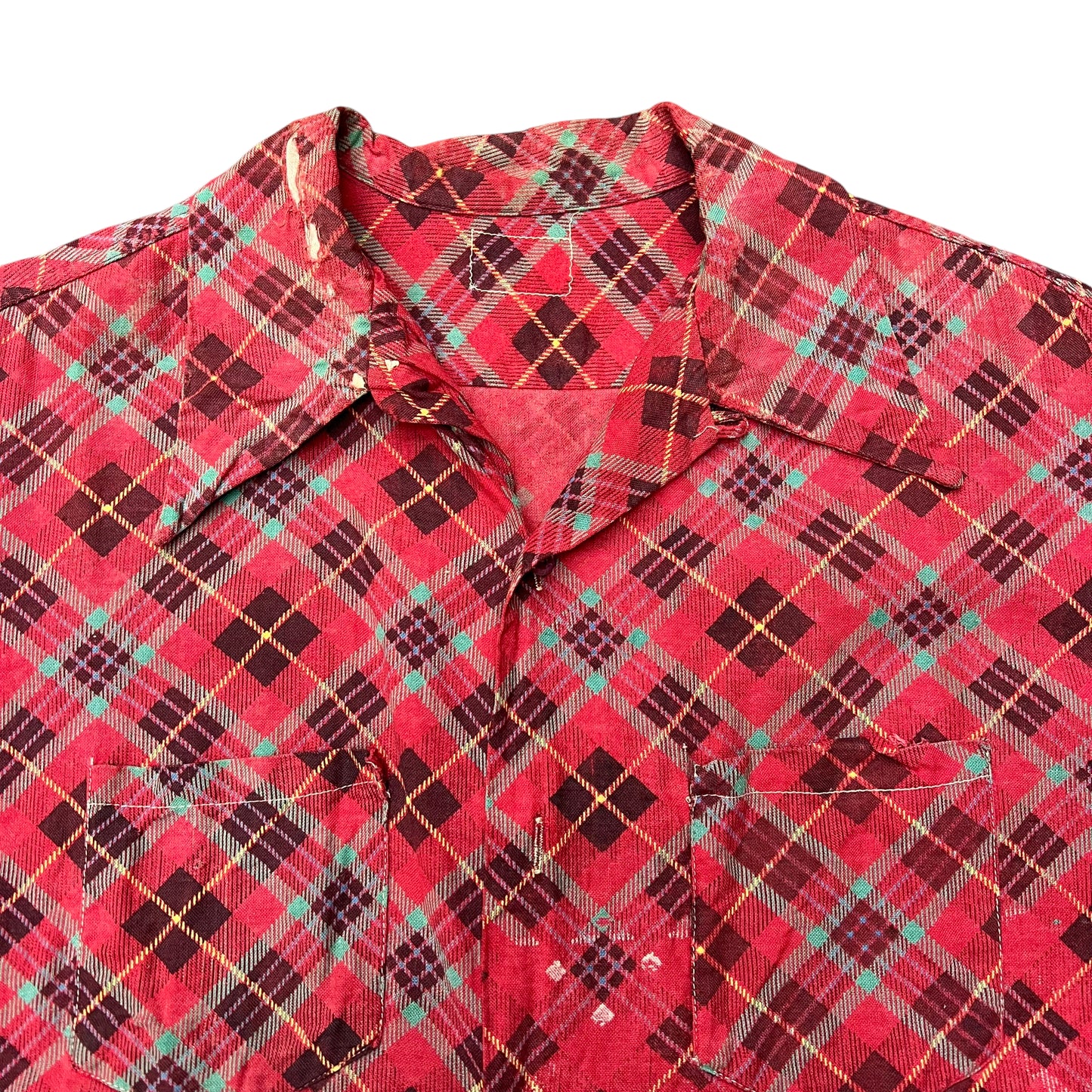 1950s Red cotton plaid loop collar shirt flannel (XL)