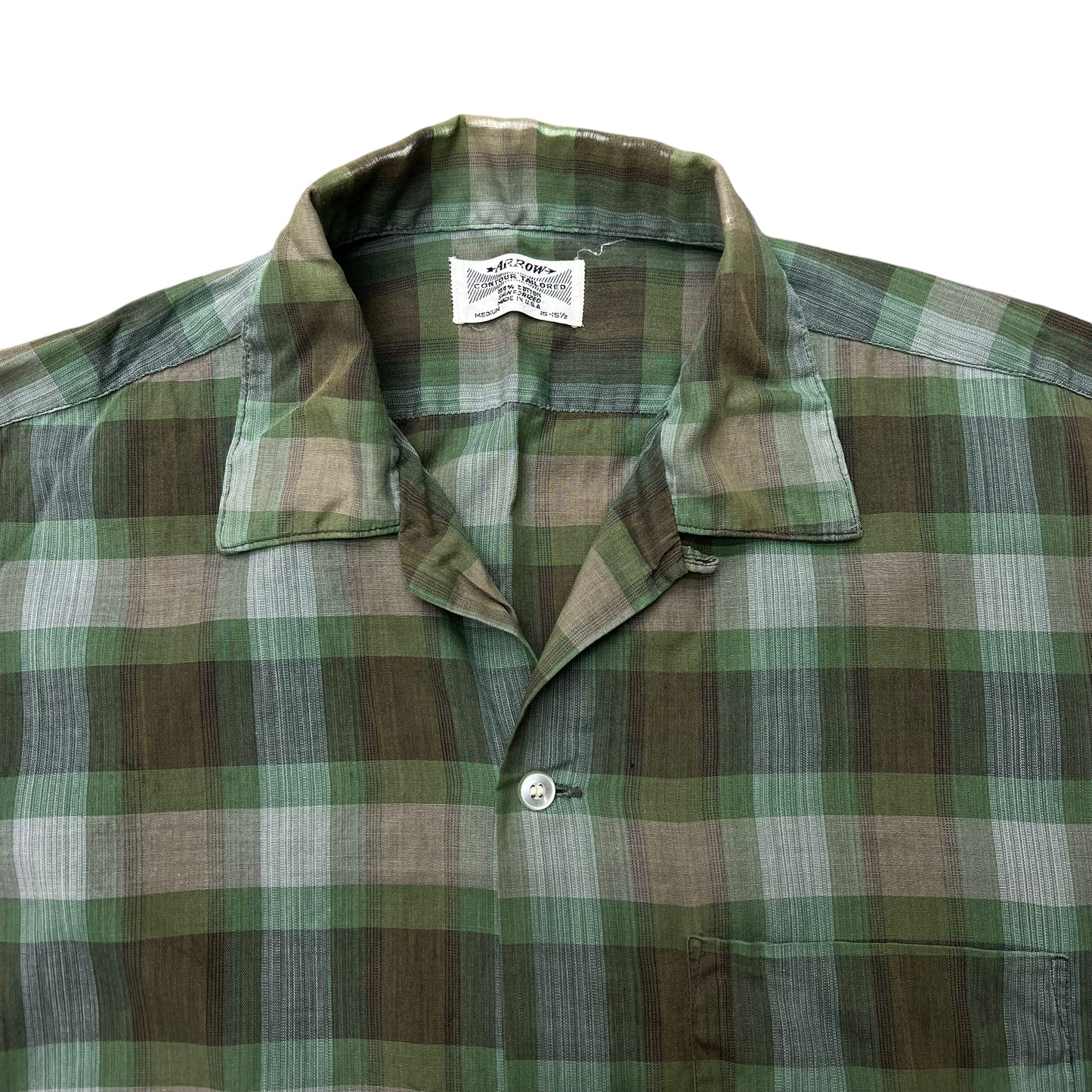 1960s Arrow green shadow plaid cotton loop collar shirt (M)