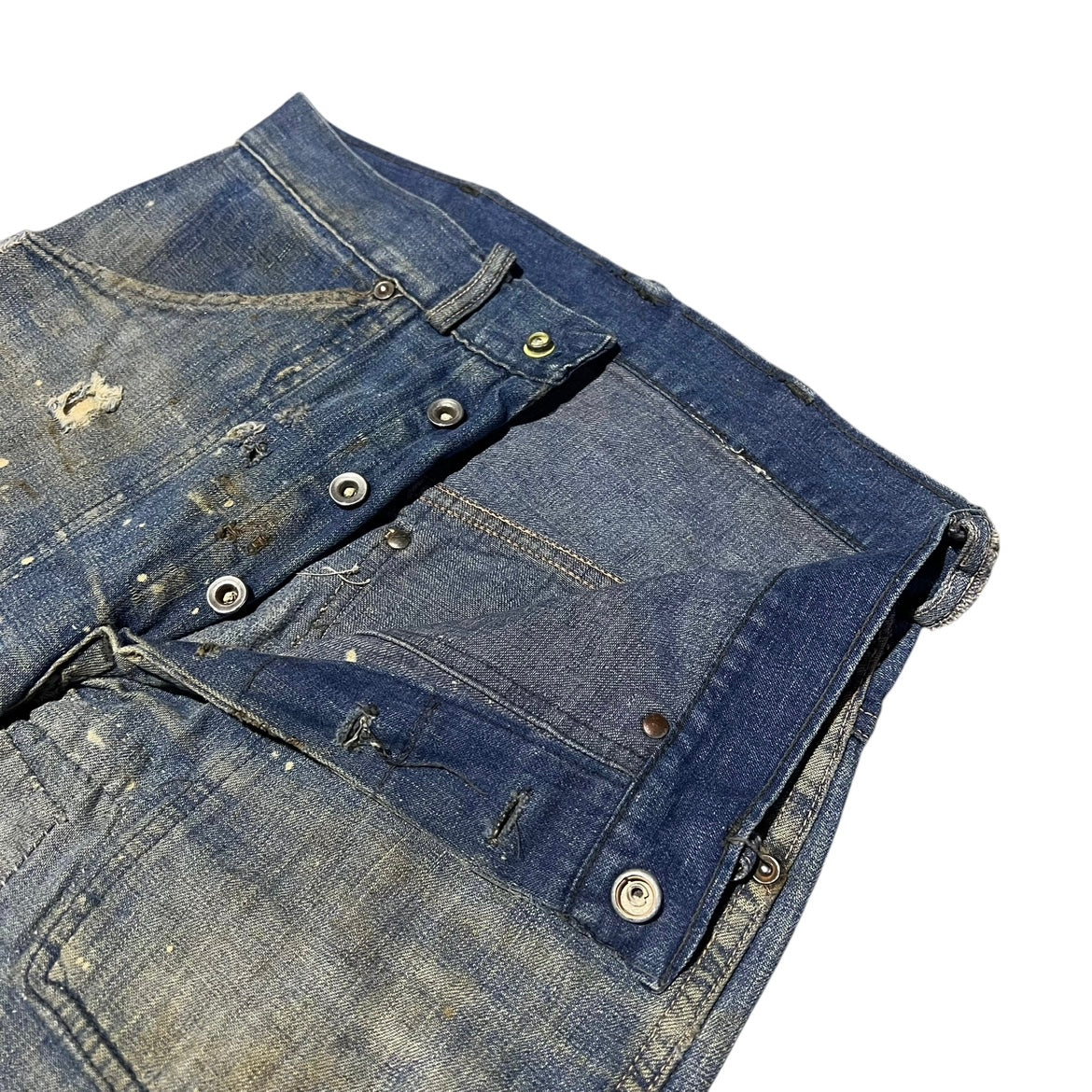 1930s 1940s Painter donut button fly fatigue pocket dark wash denim jeans (28w)