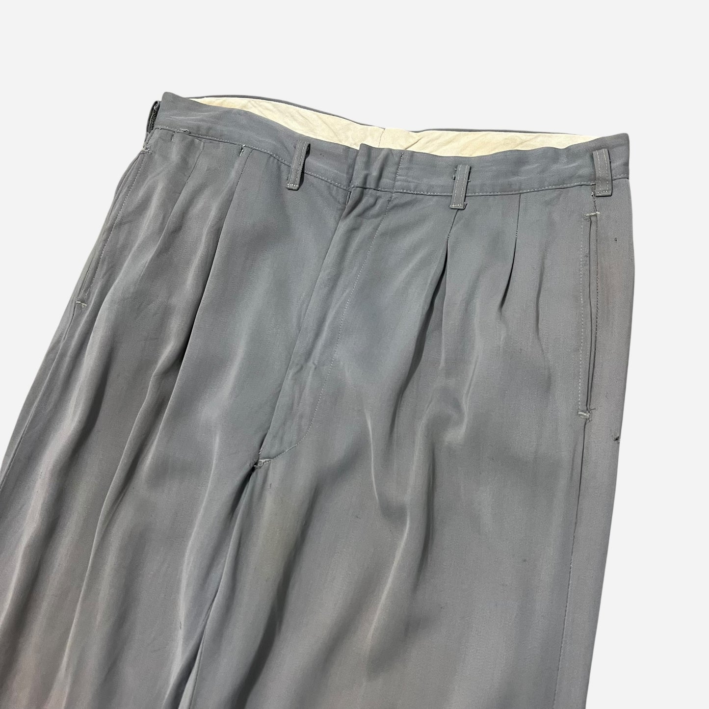 1950s Gray/light blue rayon pleated drop loop pants (32w)