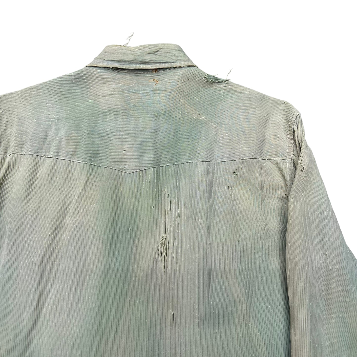 1940s H bar C green sun faded sawtooth distressed pearl snap shirt (L)