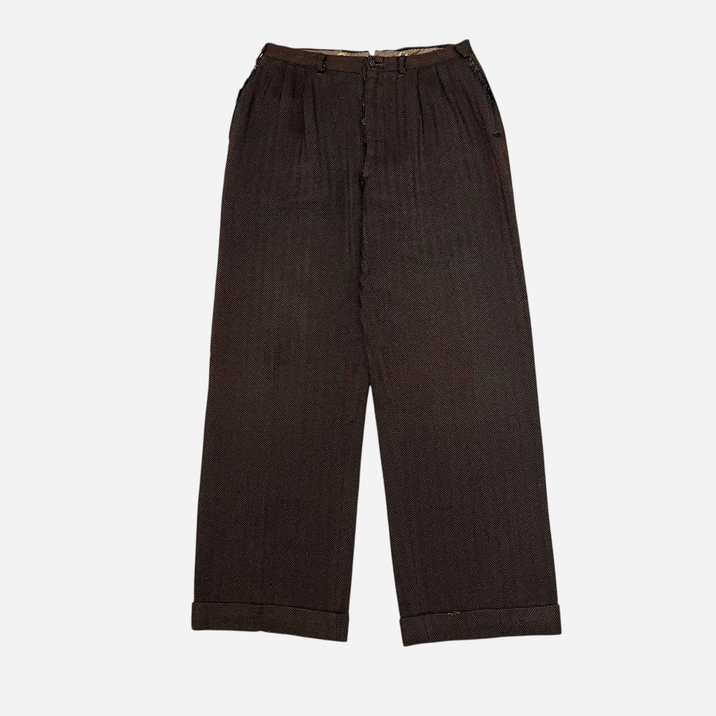1930s Brown tweed herringbone button fly Stifel repaired pleated work pants (31w)