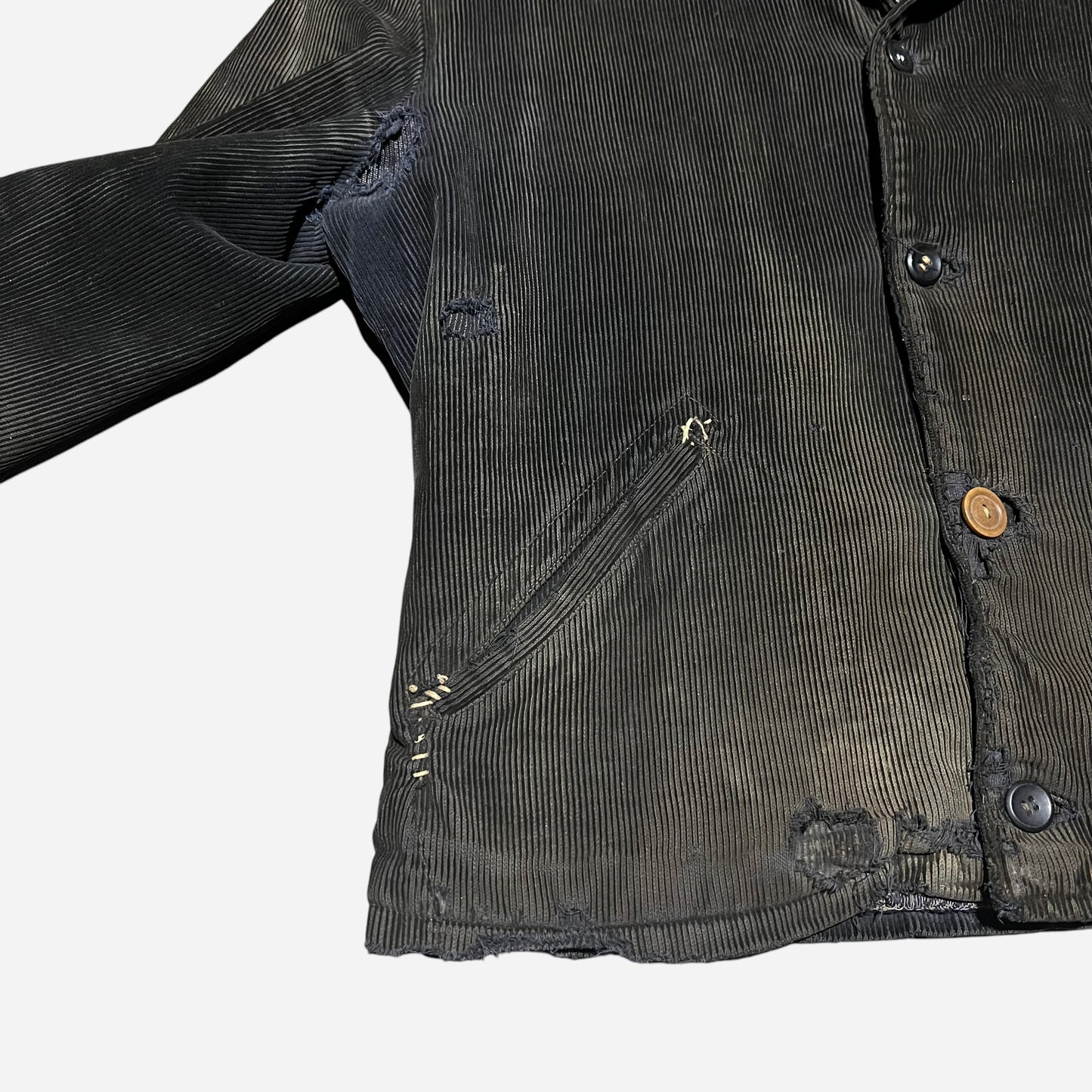1930s Black sun faded corduroy belt back work jacket (M)