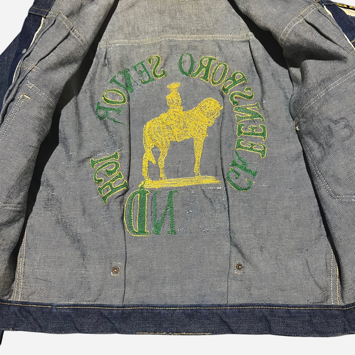 1940s Wrangler 11MJ proto dark wash denim jacket chain stitch embroidered Greensboro High School (38)