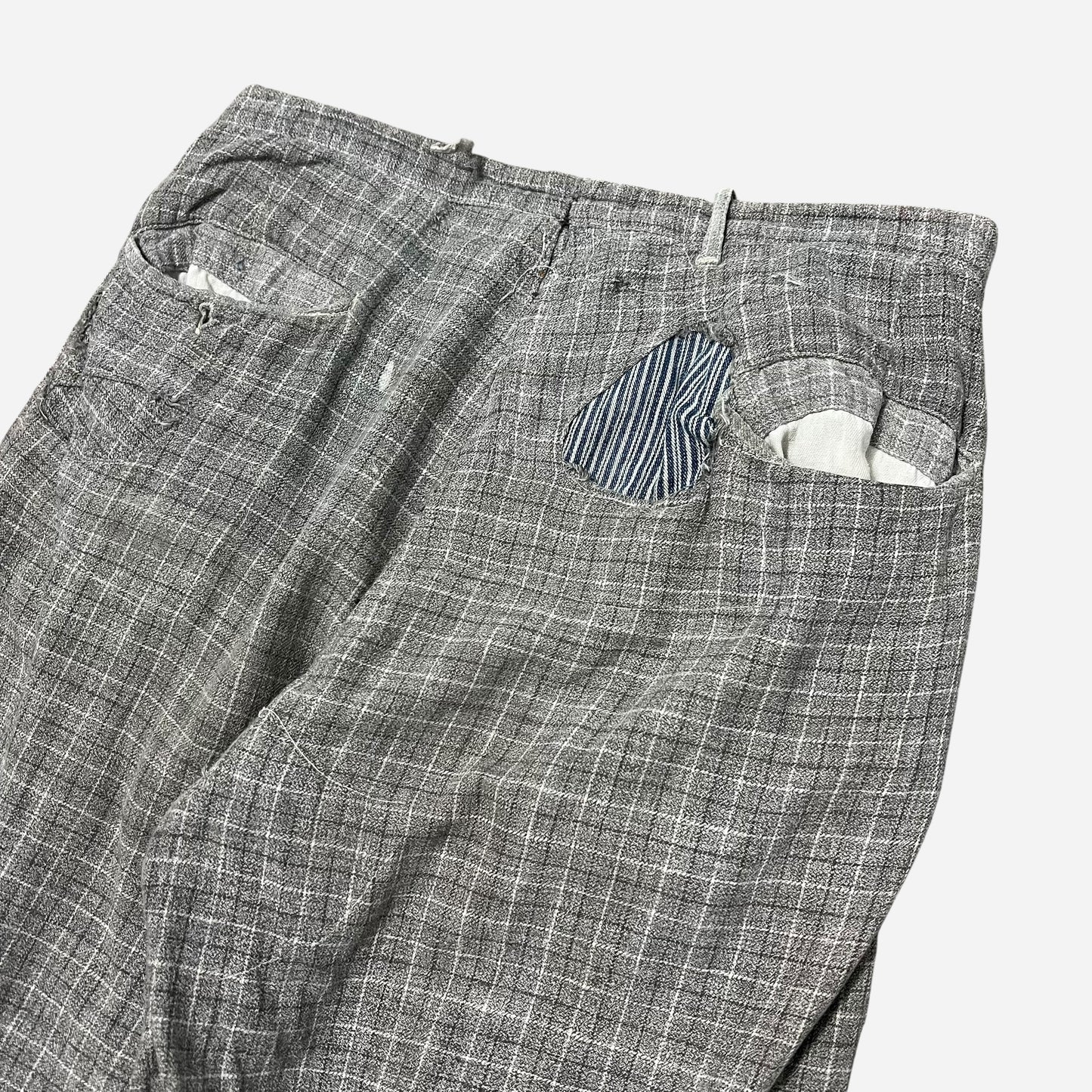 1930s Gray cotton check plaid button fly pants (30w)