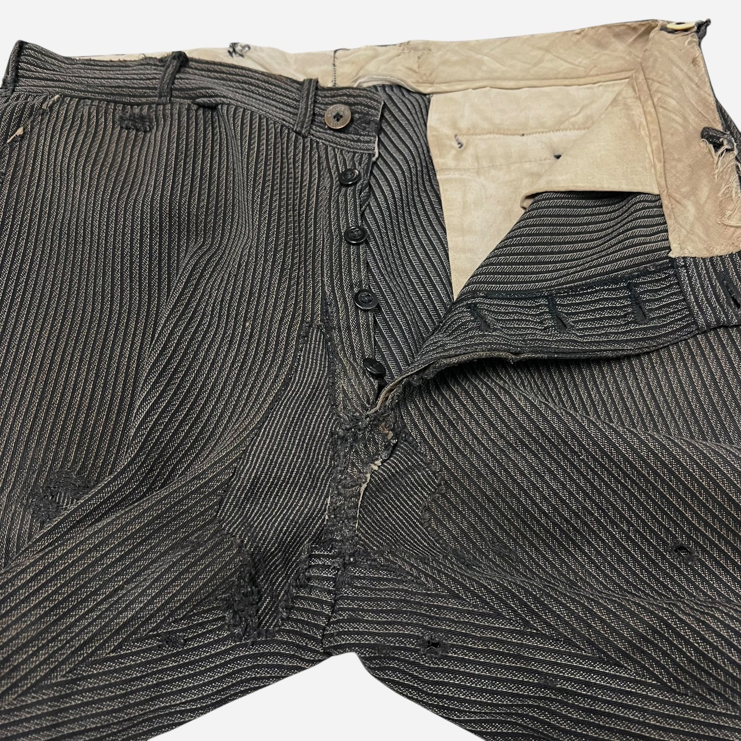 1930s Sweet Orr Stifel Whirlwind striped salt and pepper cotton repaired pants (34w)