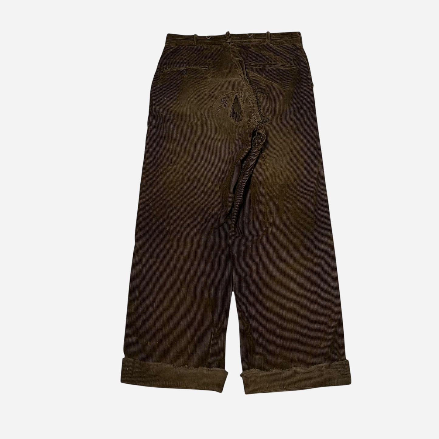 1920s Brown corduroy double button fly heavily repaired pants (32w)