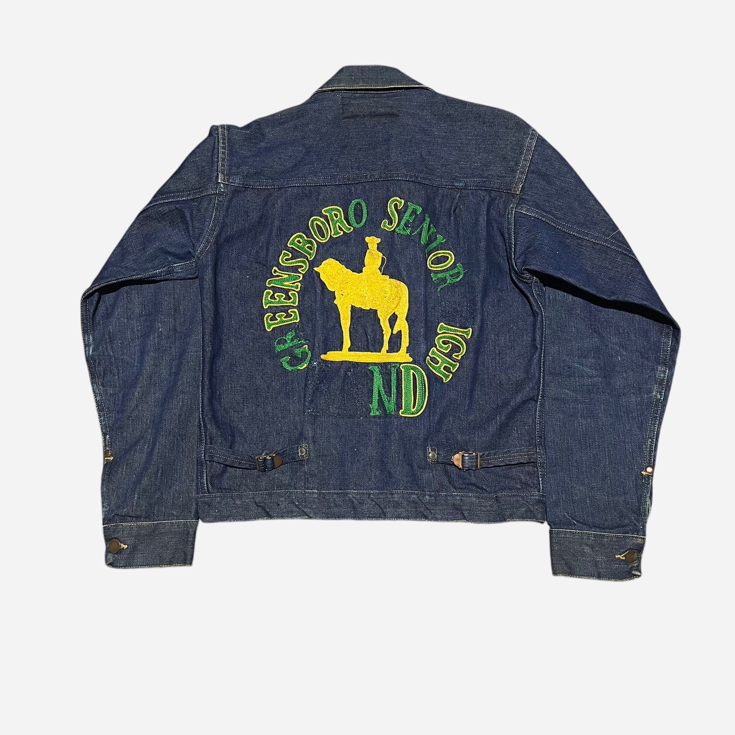 1940s Wrangler 11MJ proto dark wash denim jacket chain stitch embroidered Greensboro High School (38)
