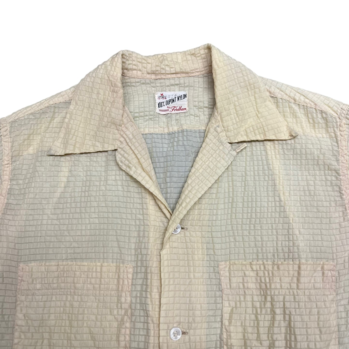 1950s Yellow nylon seersucker loop collar shirt (M/L)