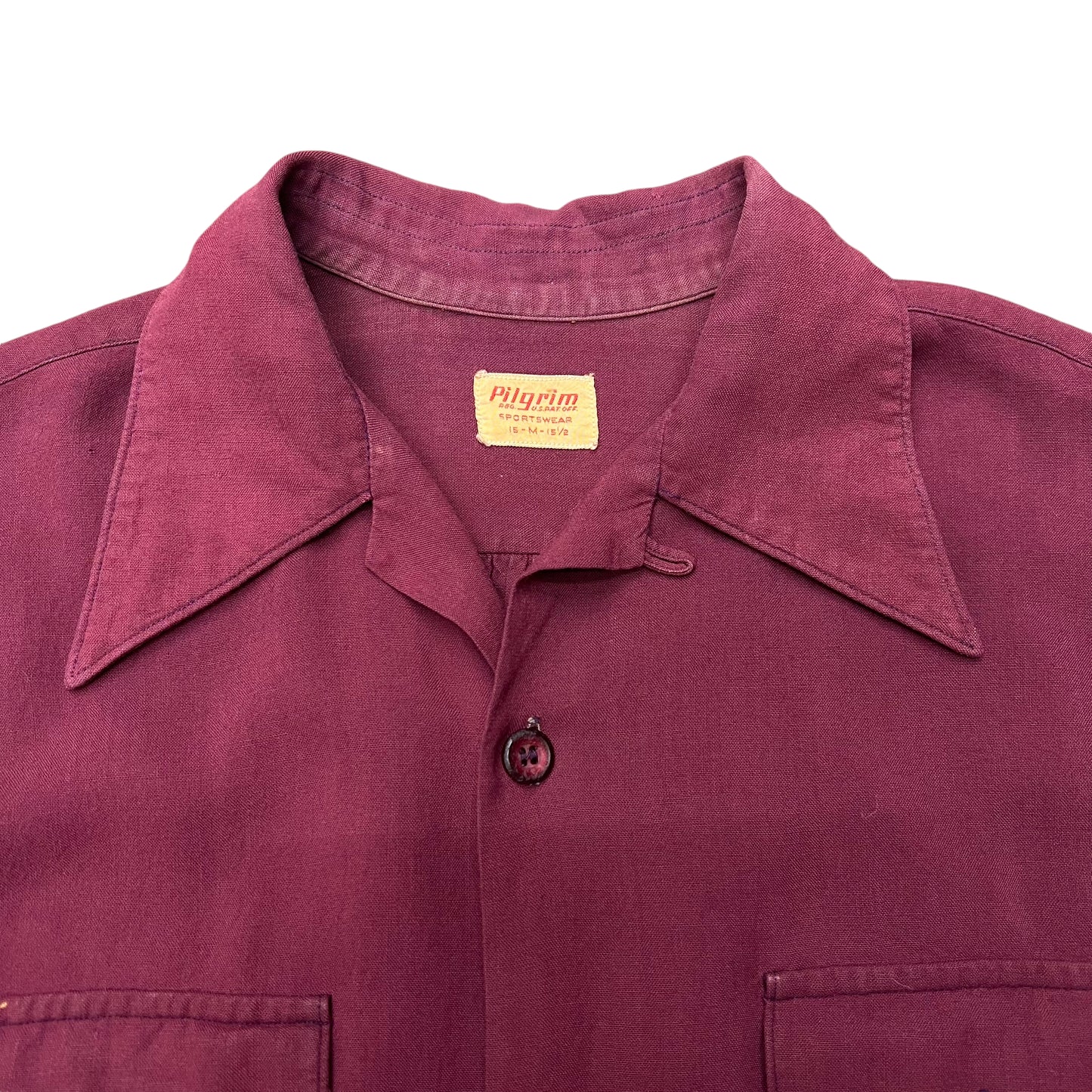 1940s Pilgrim burgundy rayon gabardine loop collar button up shirt (M)