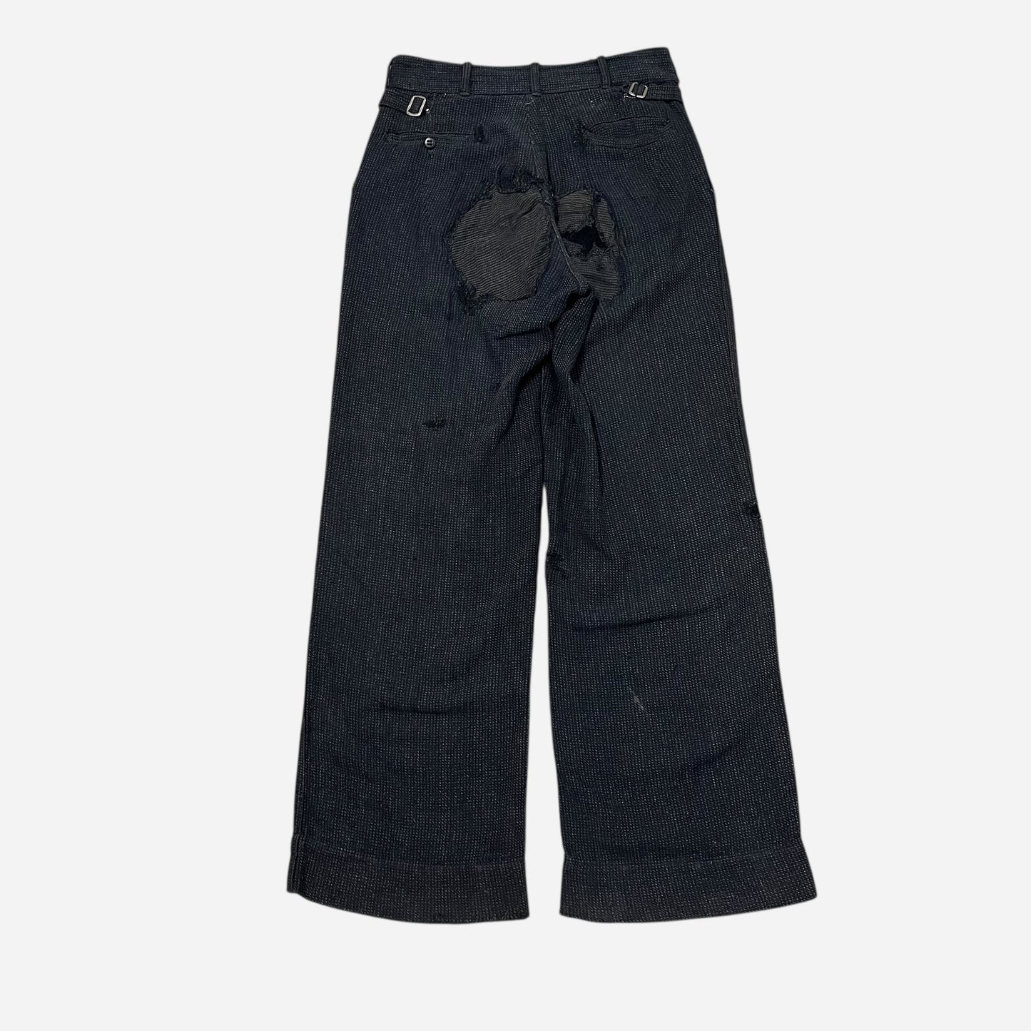 1930s Navy/black side clasp cotton salt & pepper repaired button fly work pants (27w)