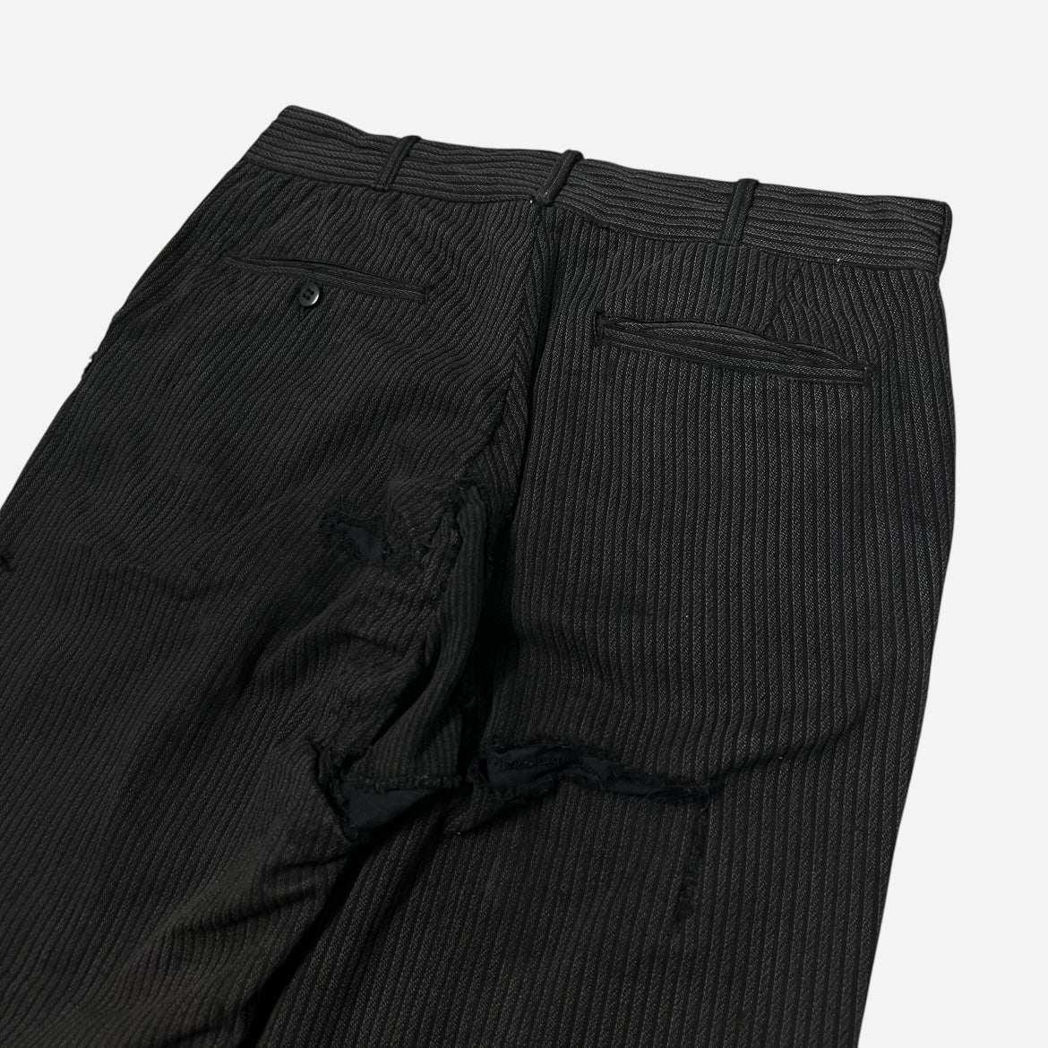 1930s Black striped salt & pepper button fly heavily repaired pants (32w)