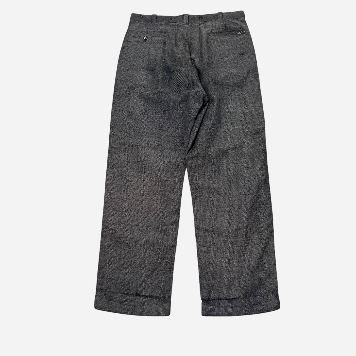 1940s Stifel moleskin salt and pepper repaired work pants (33w)