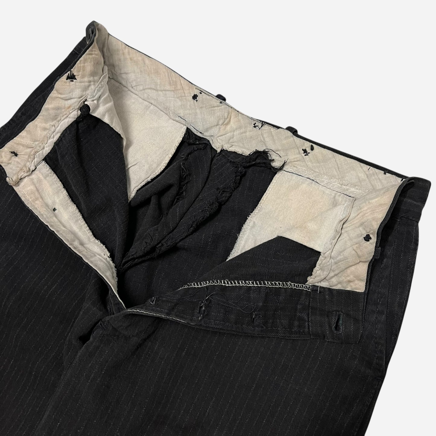 1930s Black heavy cotton button fly striped work pants (33w)