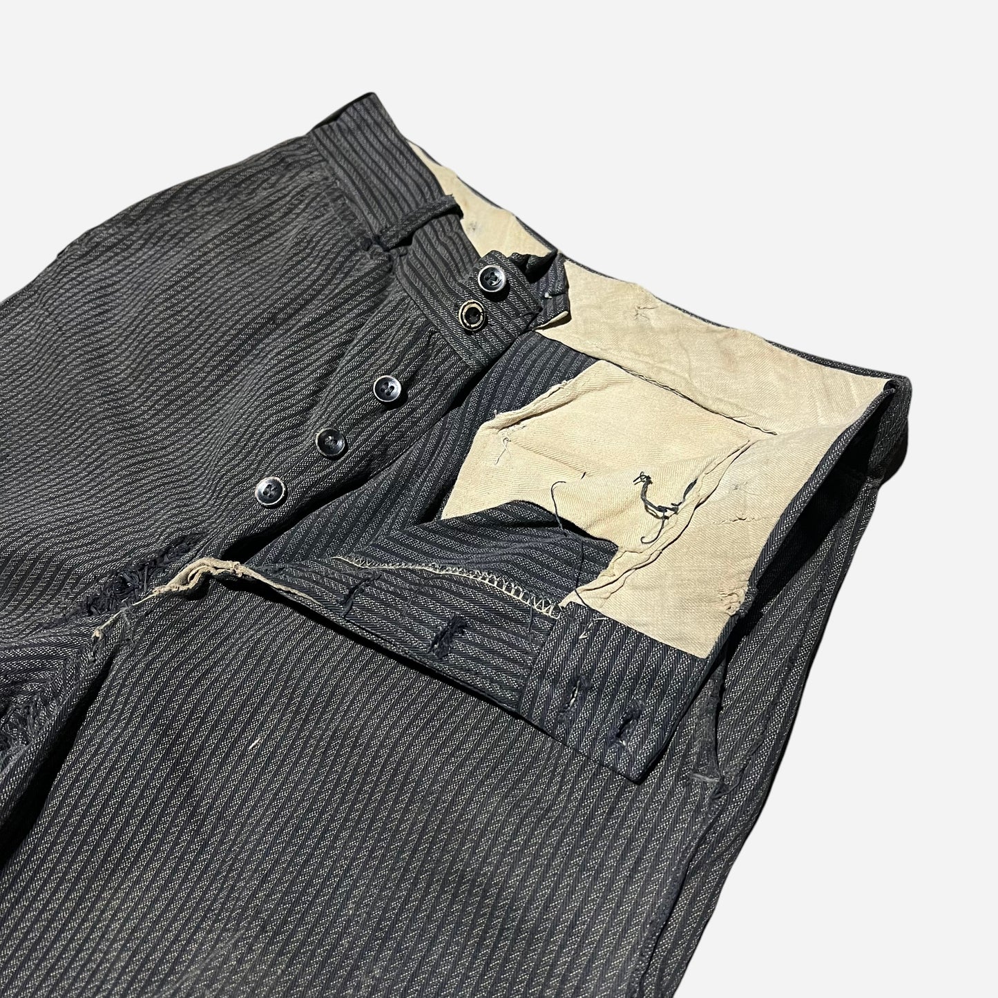 1930s Cone Homeric striped salt and pepper cotton double button fly work pants (31w)