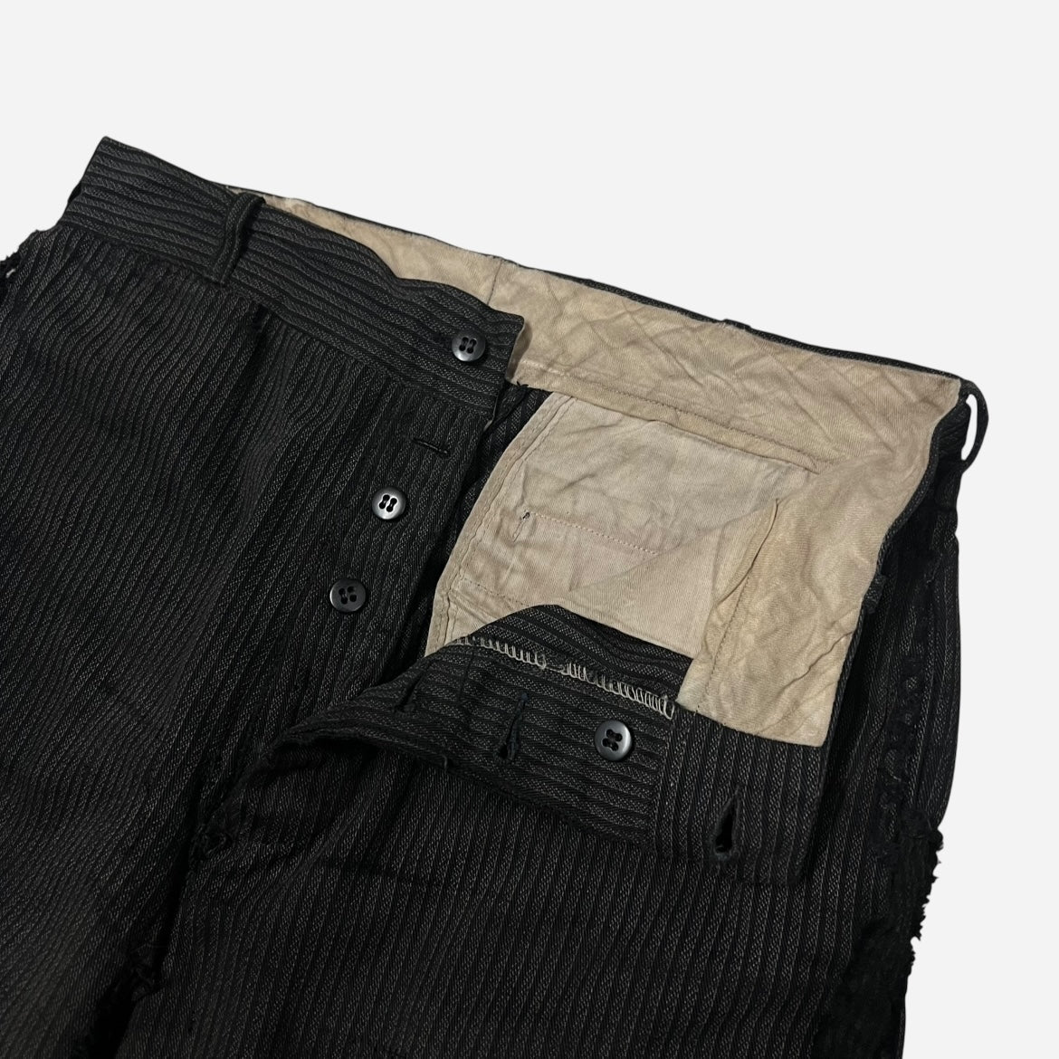 1930s Black striped salt & pepper button fly heavily repaired pants (32w)