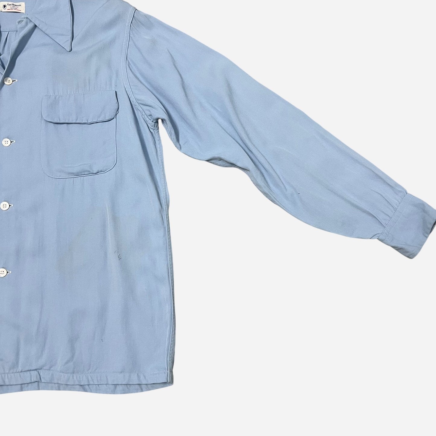 1950s Light blue rayon vangab flap pocket loop collar shirt (M/L)