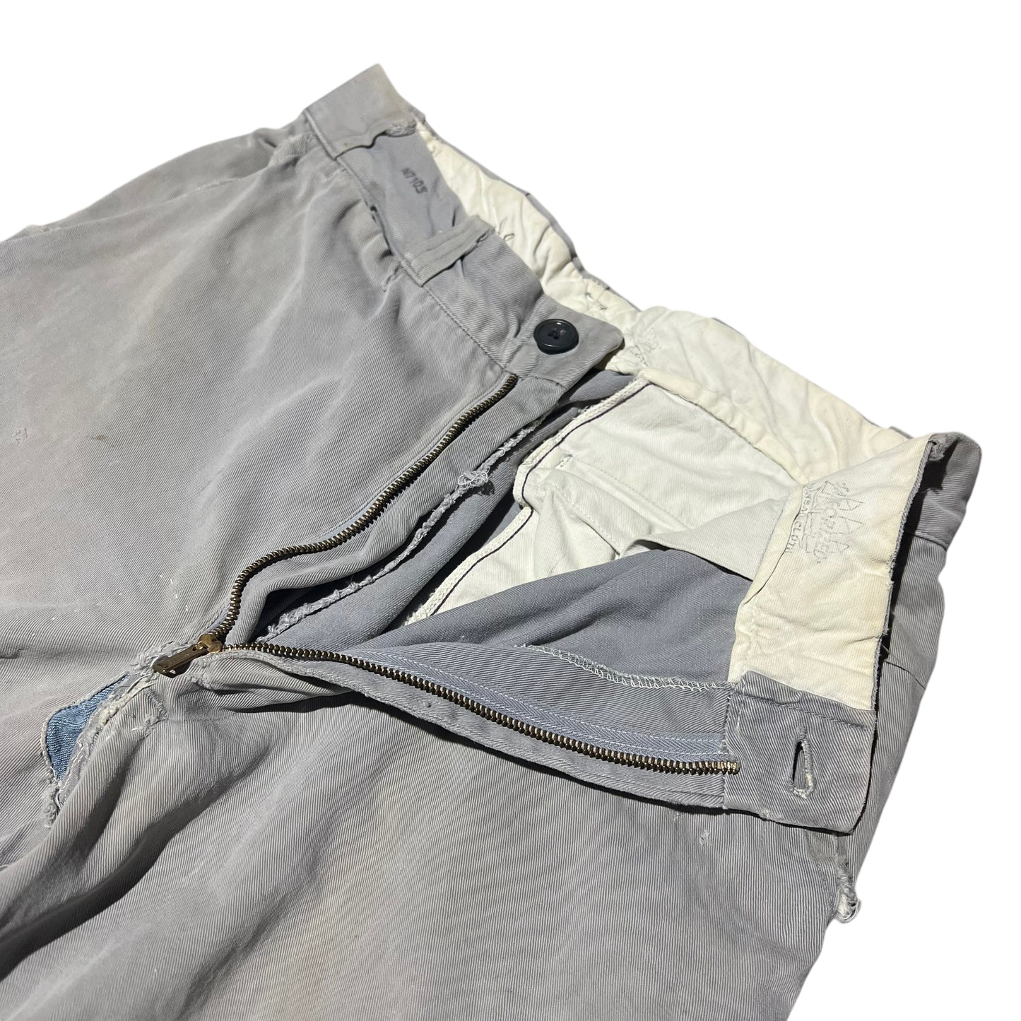 1950s Gray Army Twill chino work pants denim repairs (30w)