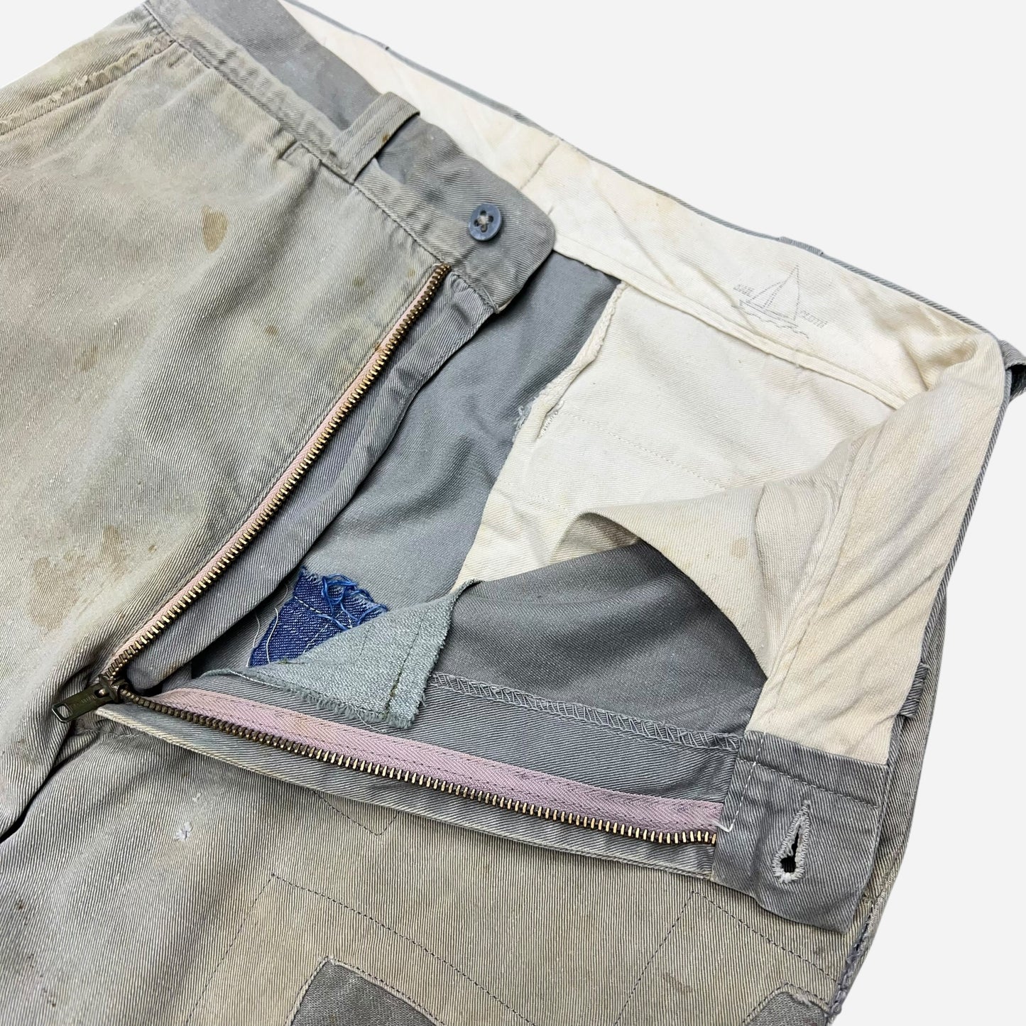 1950s Gray sail cloth repaired chino pants (29w)