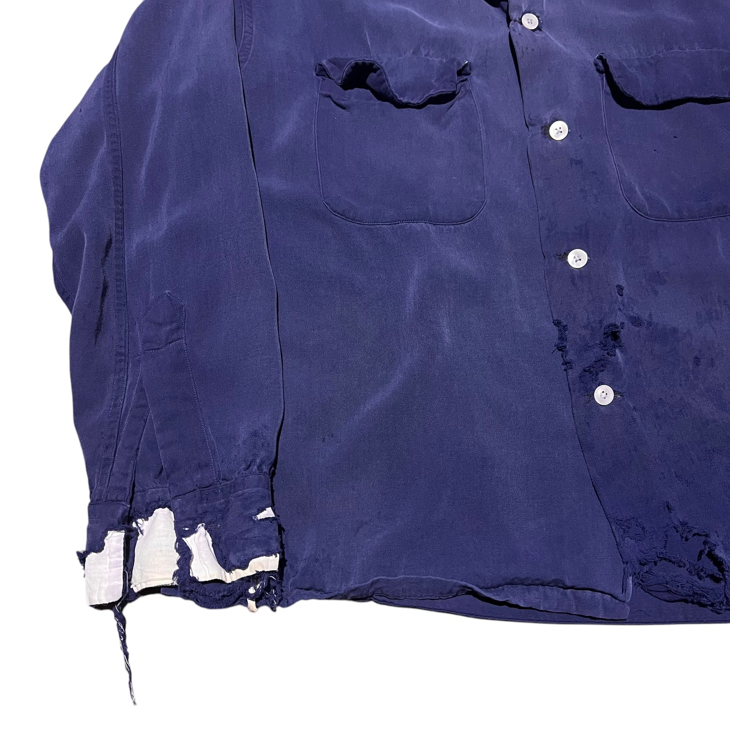 1950s Distressed blue rayon loop collar shirt (M)