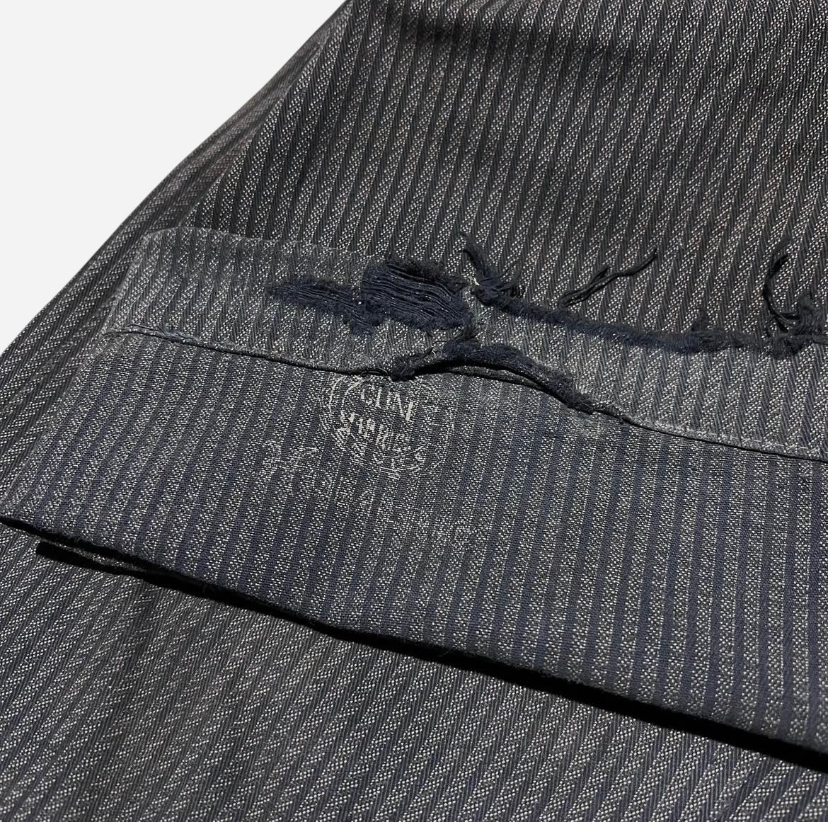 1930s Cone Homeric striped salt and pepper cotton double button fly work pants (31w)