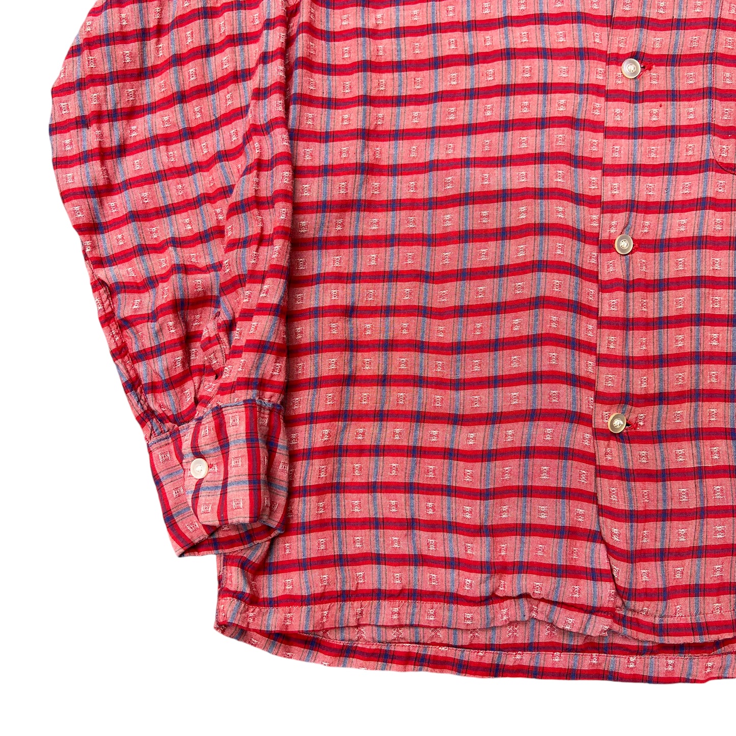 1950s Rayon red plaid loop collar shirt (S)