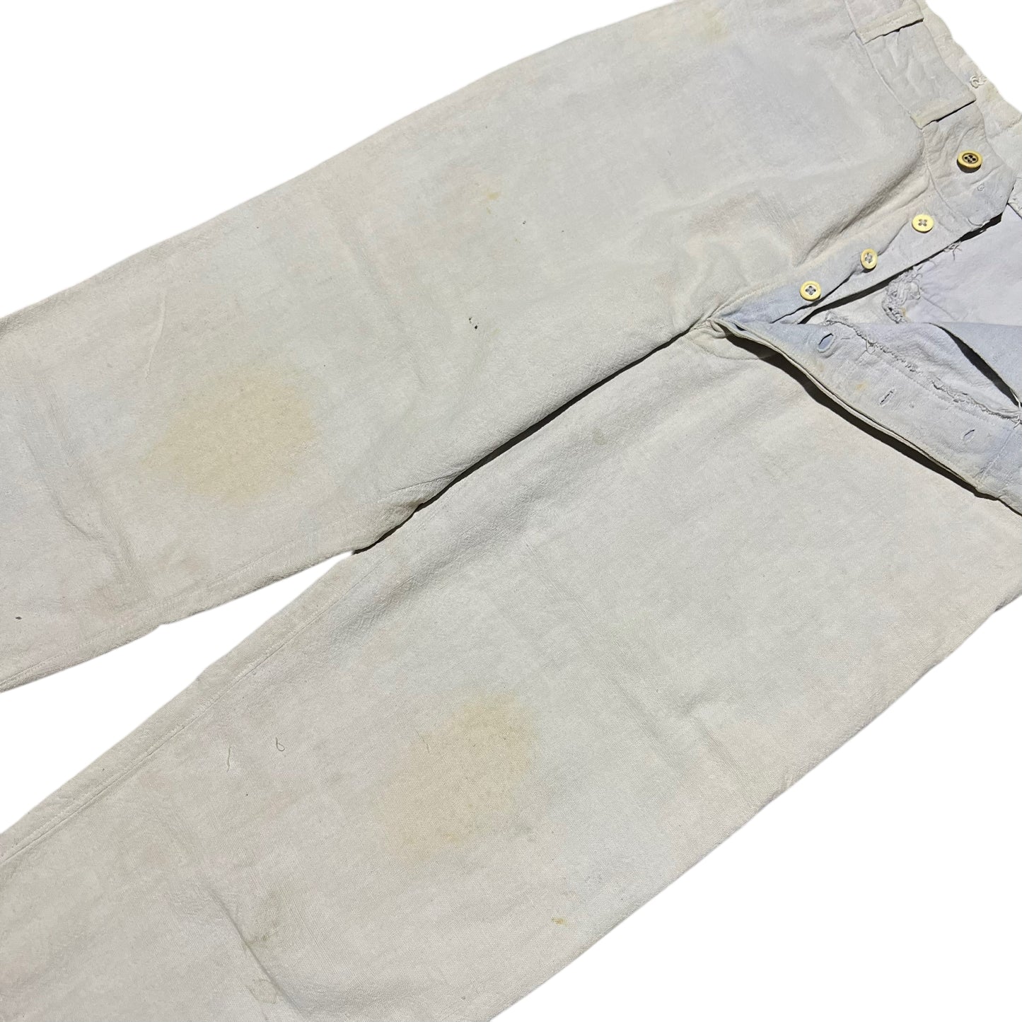 1930s 1940s Feed sack ration button fly sun faded light blue work pants (32w)