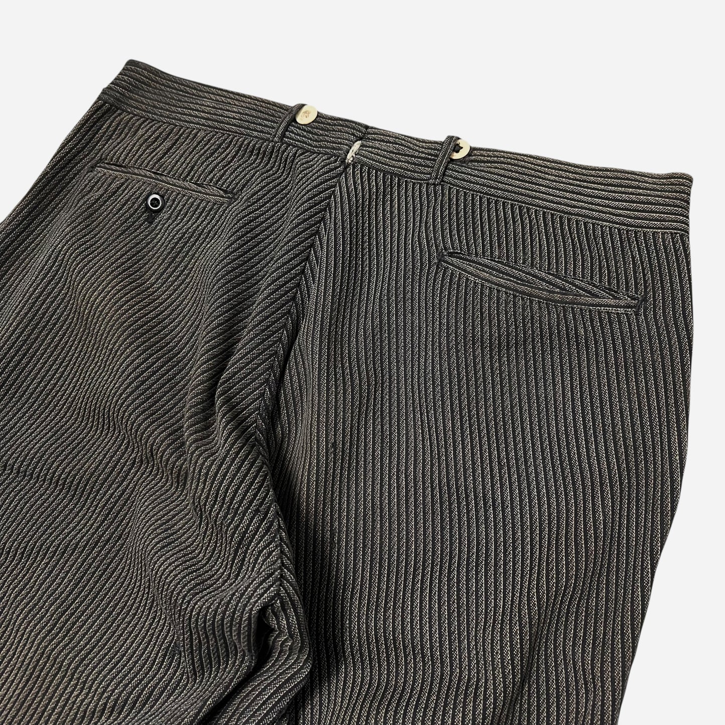 1930s Sweet Orr Stifel Whirlwind striped salt and pepper cotton repaired pants (34w)
