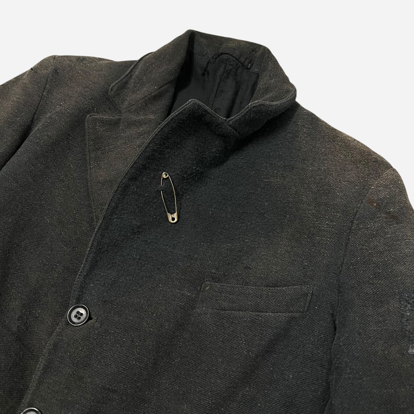 1900s 1910s Sun faded black woven wool/cotton work suit jacket (M)