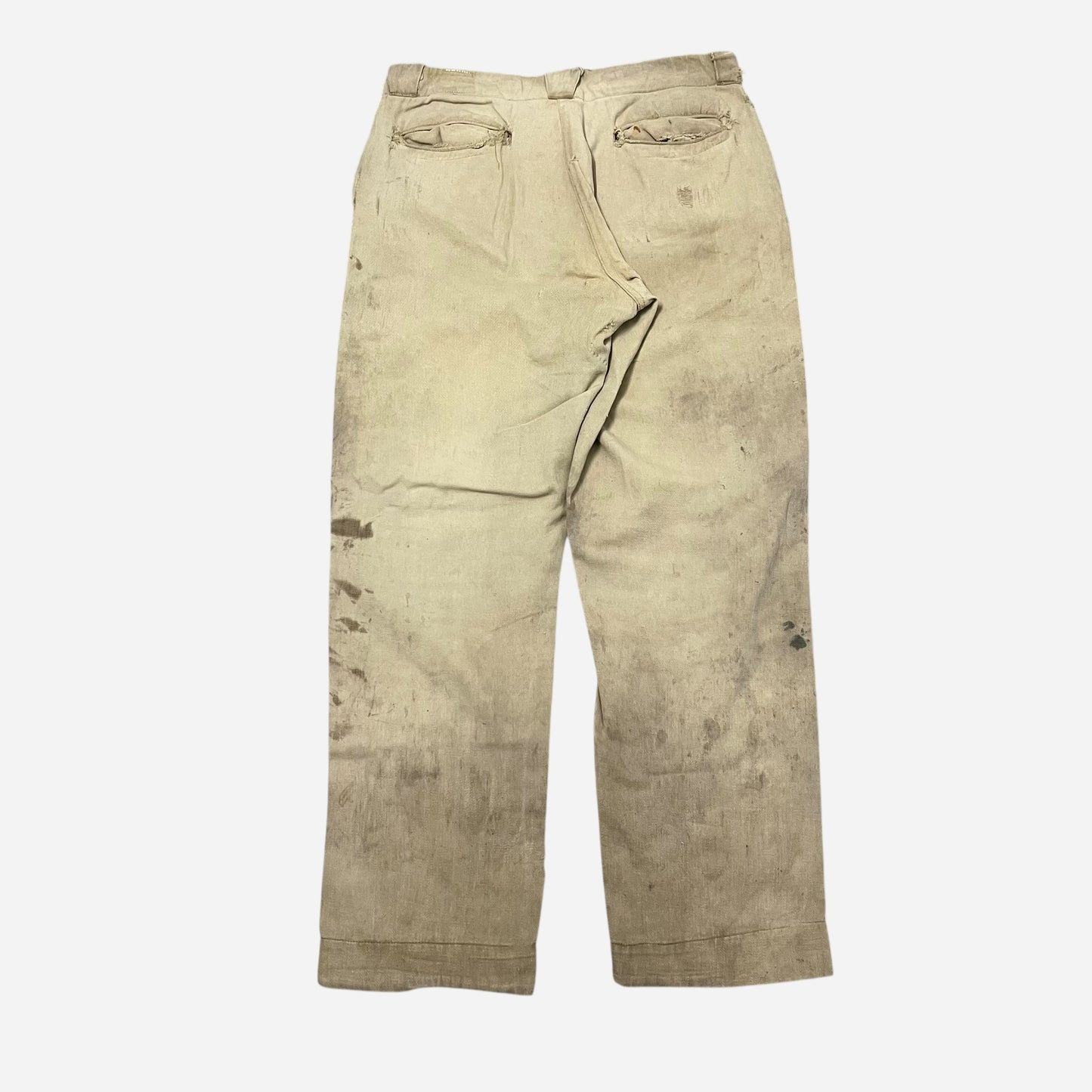 1920s Denim repaired tan cotton button fly work pants (31w)