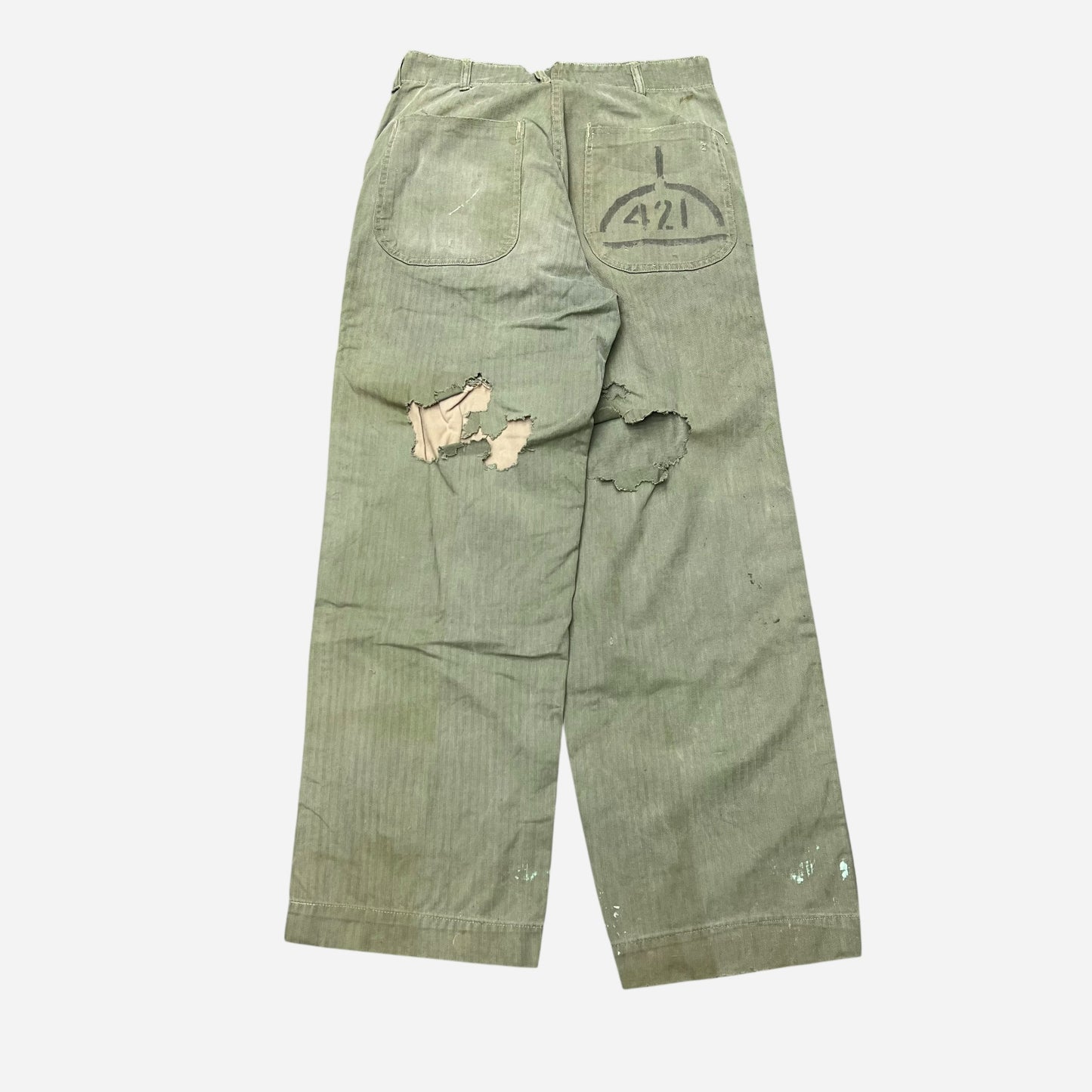 1940s WWII USMC P41 “421” stenciled green hbt pants as is (30w)