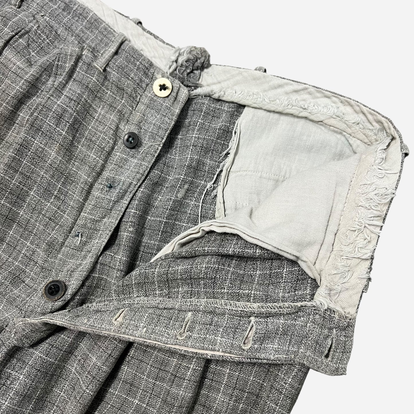 1930s Gray cotton check plaid button fly pants (30w)