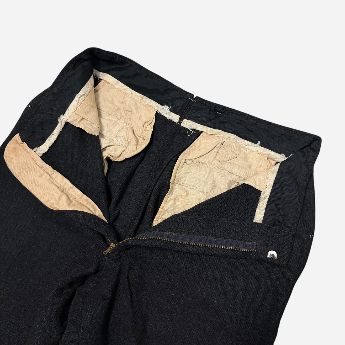1950s Black wool/cotton blend buckle back drop loop trousers (29w)