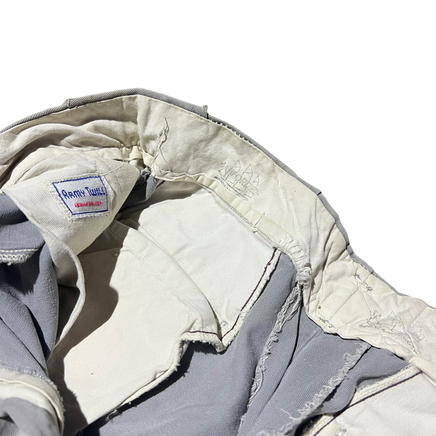 1950s Gray Army Twill chino work pants denim repairs (30w)