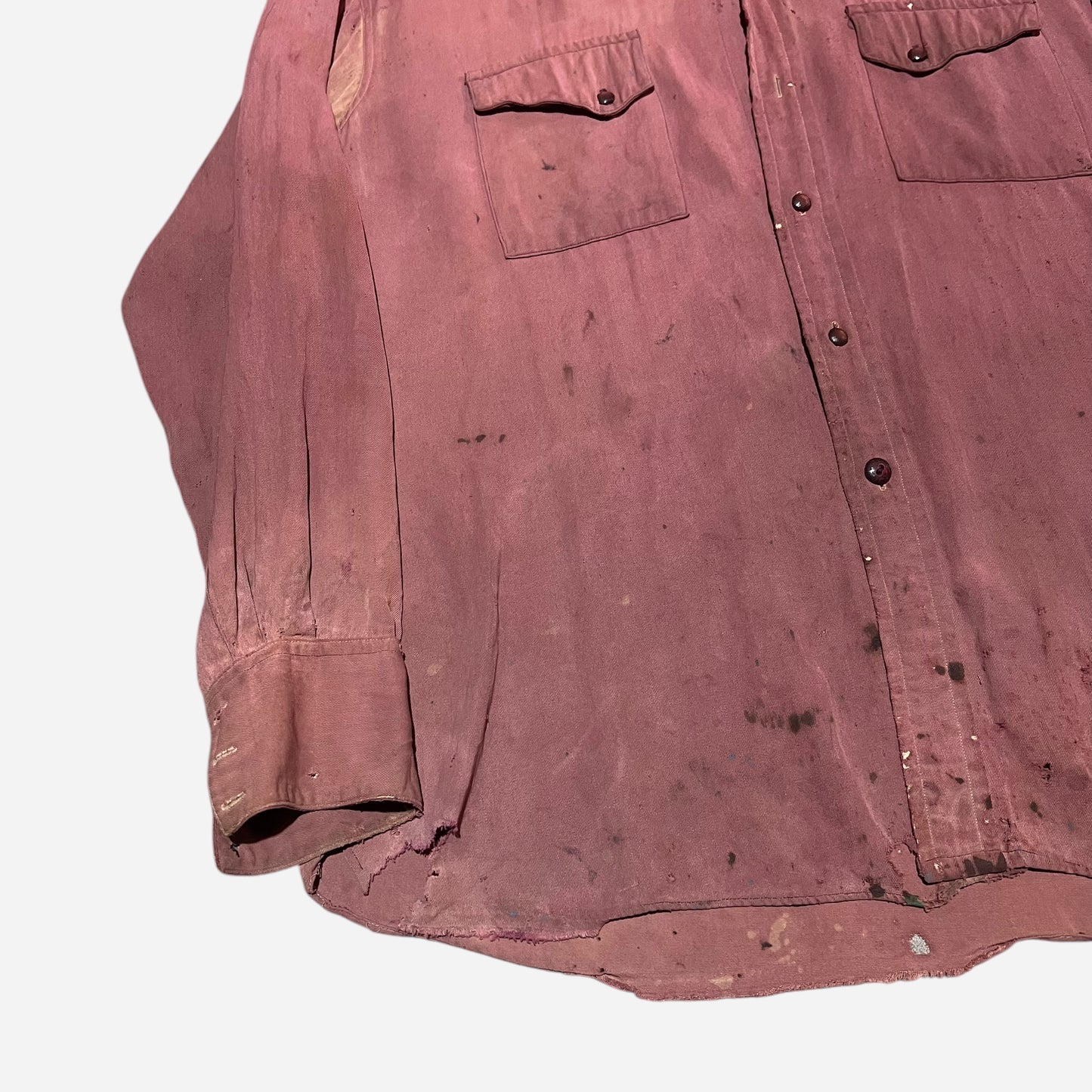 1940s Red rayon slant pocket western style shirt (L)