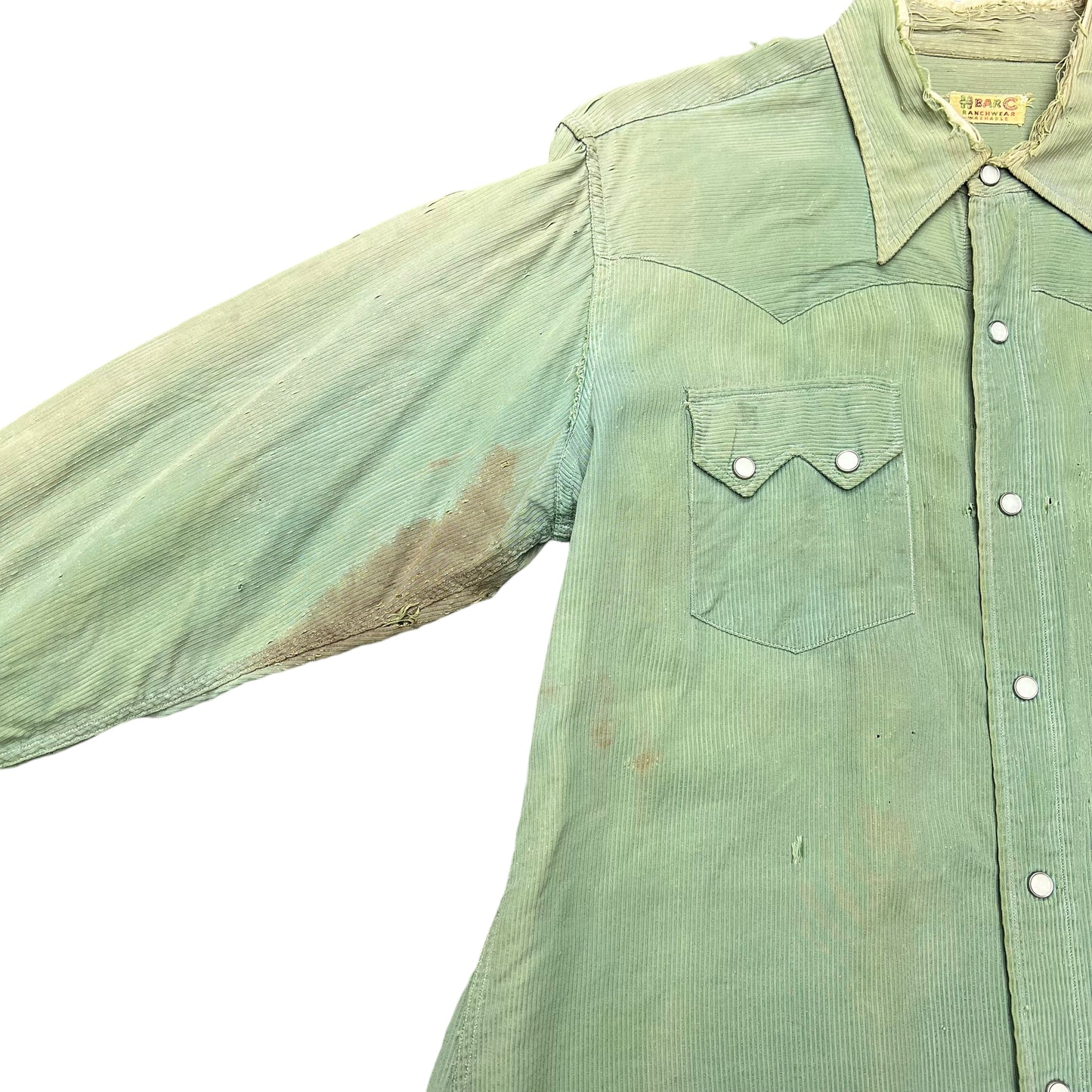 1940s H bar C green sun faded sawtooth distressed pearl snap shirt (L)