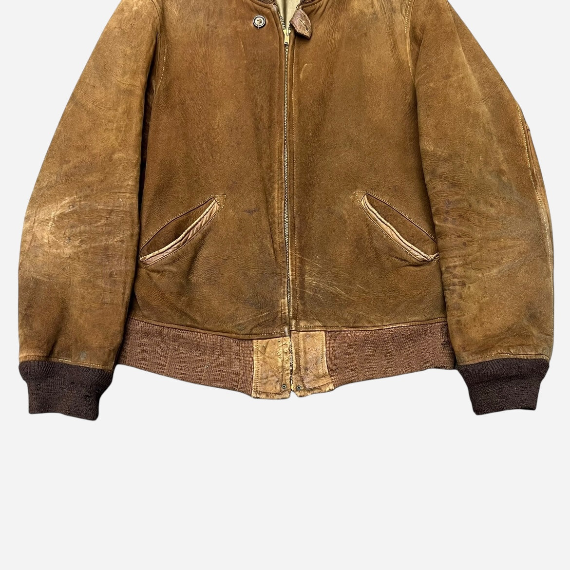 1930s Brown calfskin leather talon grommet zipper jacket (L)