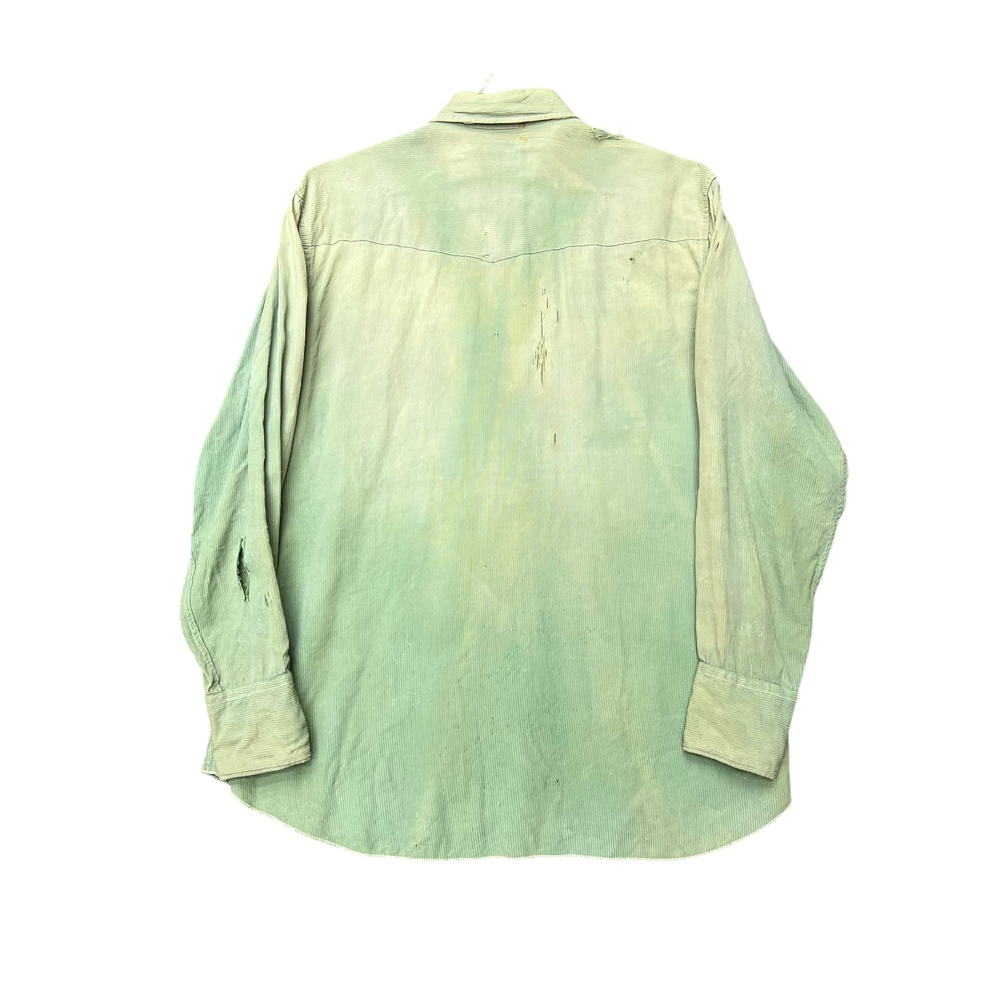 1940s H bar C green sun faded sawtooth distressed pearl snap shirt (L)