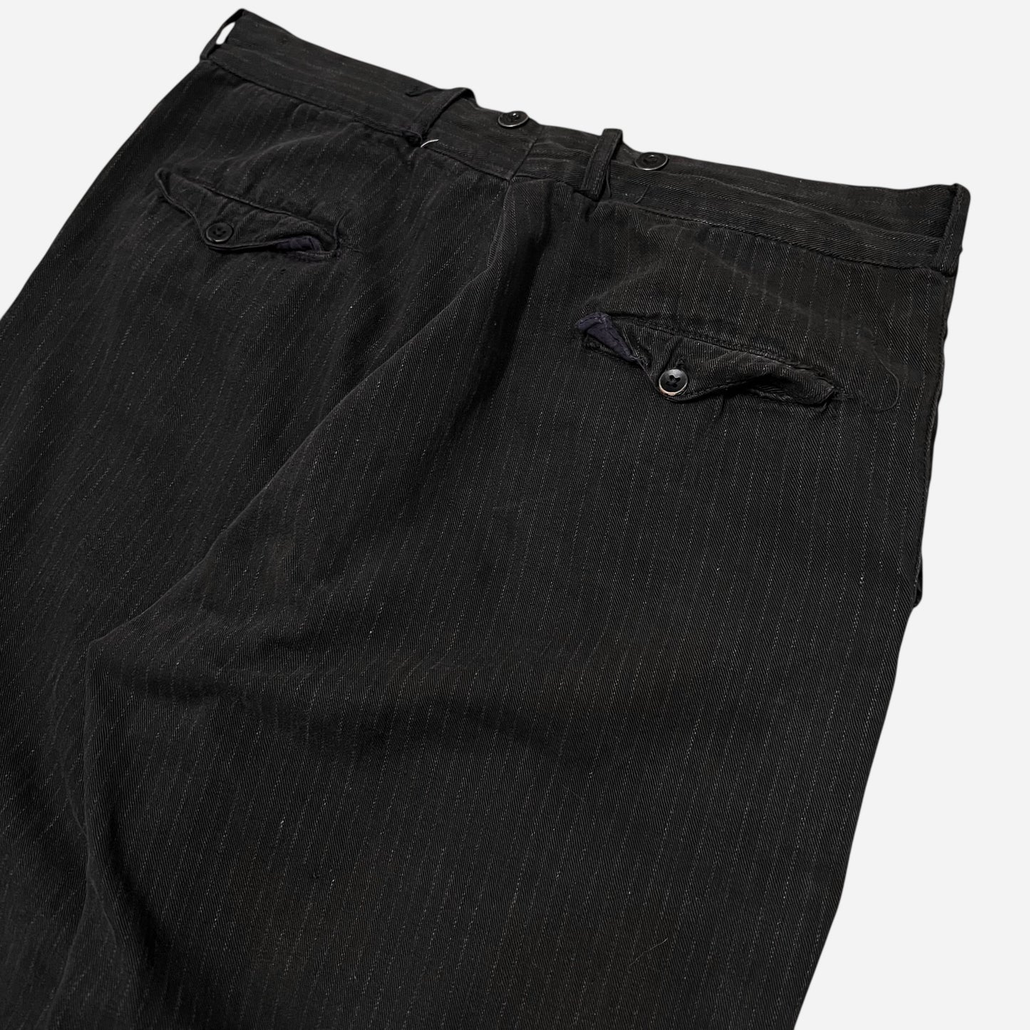 1930s Black heavy cotton button fly striped work pants (33w)