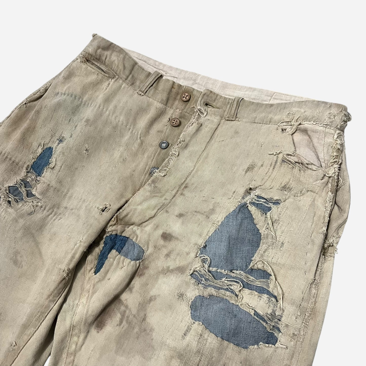 1920s Denim repaired tan cotton button fly work pants (31w)