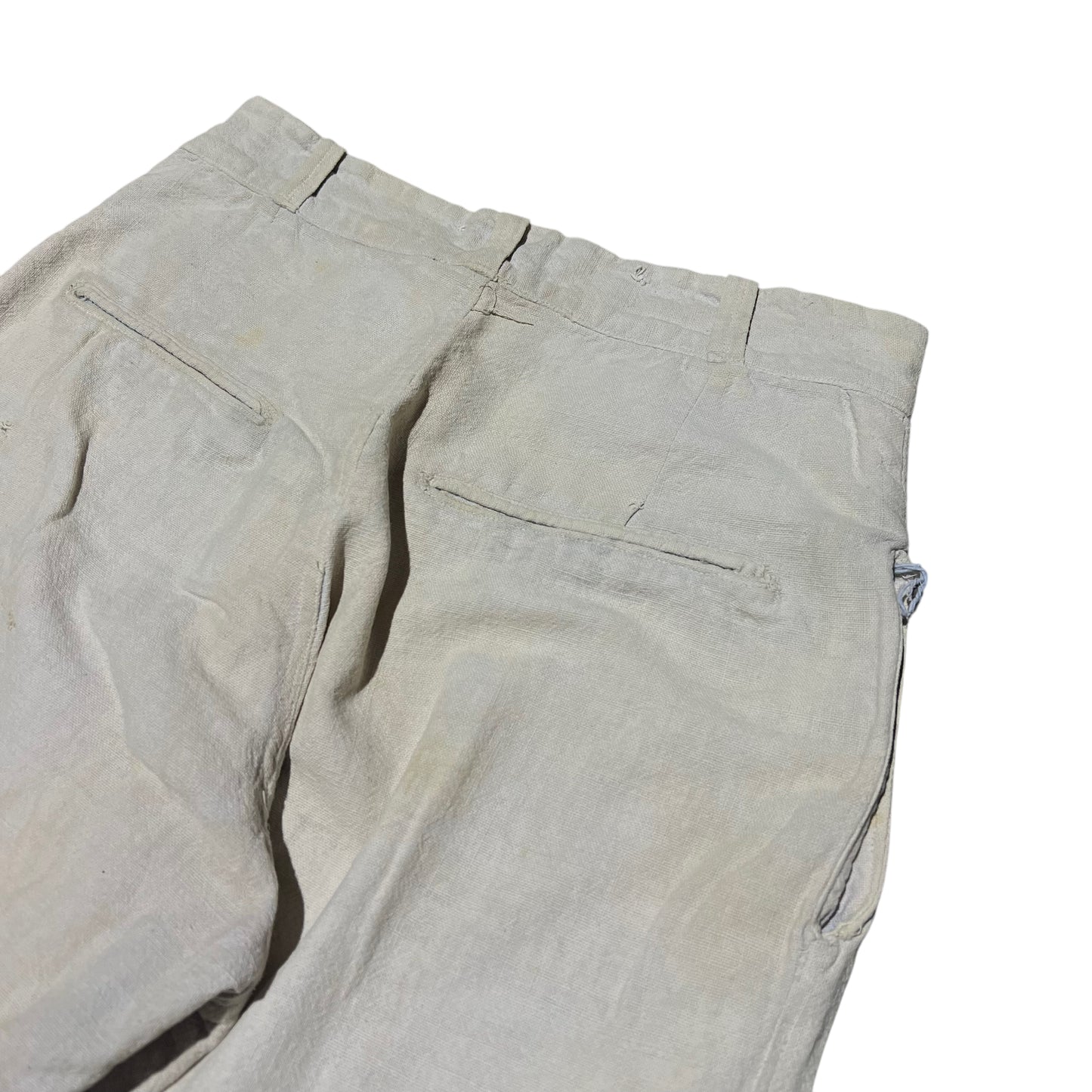 1930s 1940s Feed sack ration button fly sun faded light blue work pants (32w)