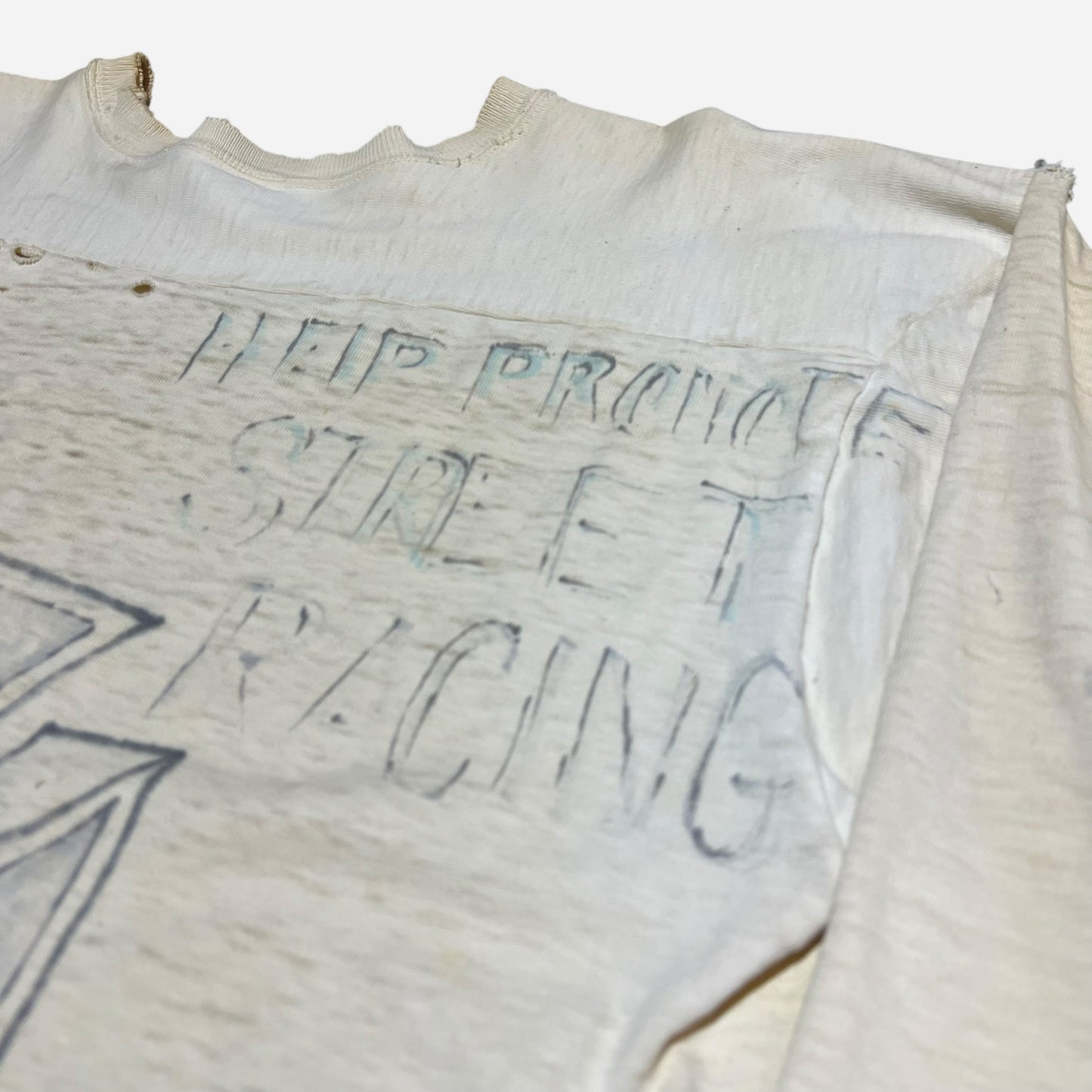 1960s Hanes thrashed hand drawn “Help Protect Street Racing” white cotton jersey shirt (L)