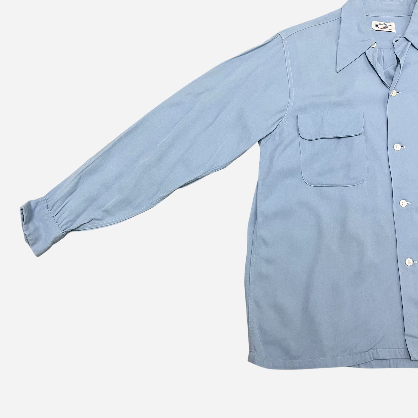 1950s Light blue rayon vangab flap pocket loop collar shirt (M/L)