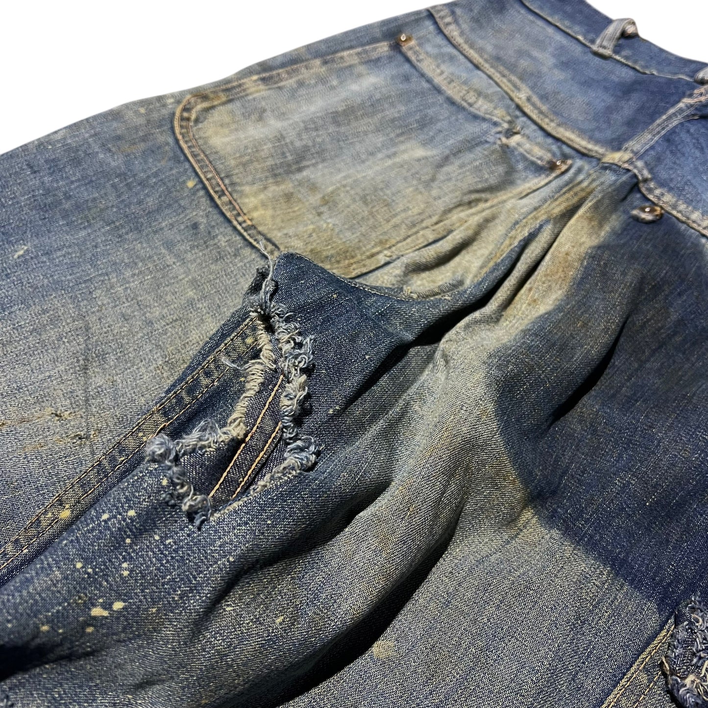 1930s 1940s Painter donut button fly fatigue pocket dark wash denim jeans (28w)