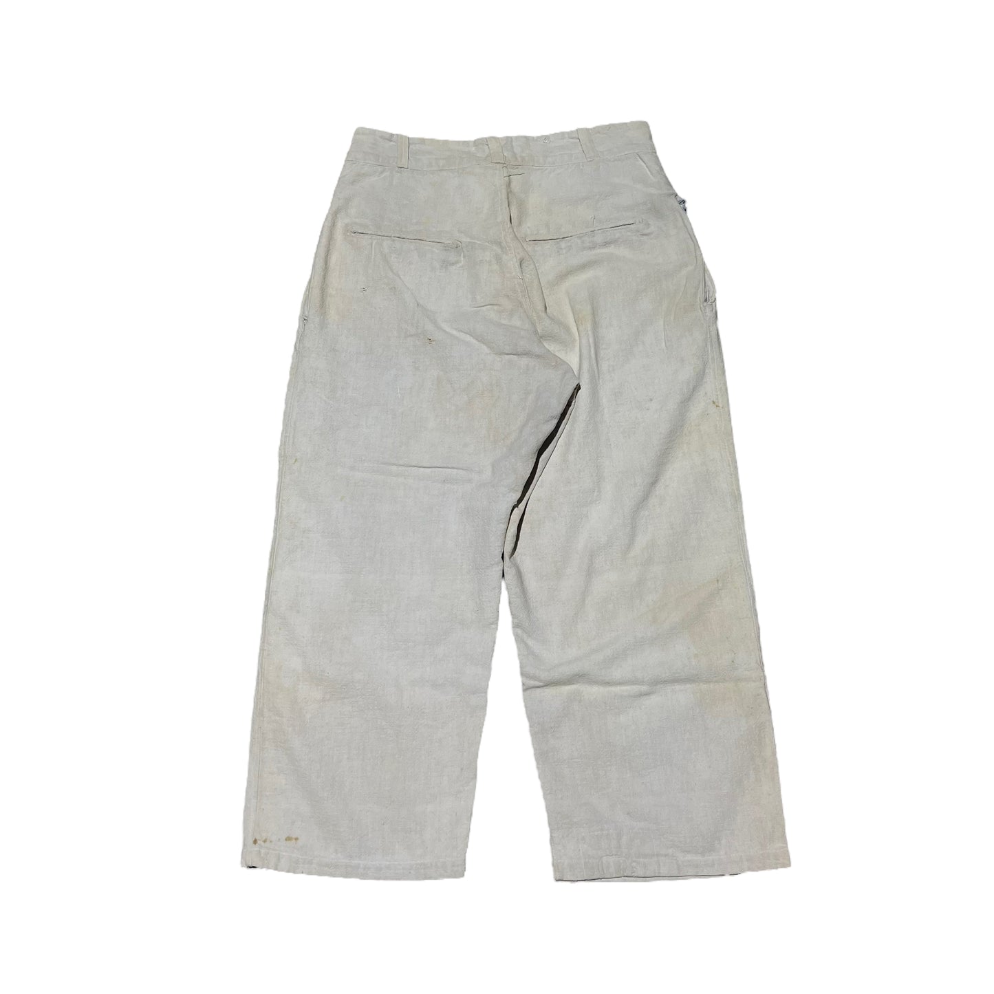 1930s 1940s Feed sack ration button fly sun faded light blue work pants (32w)