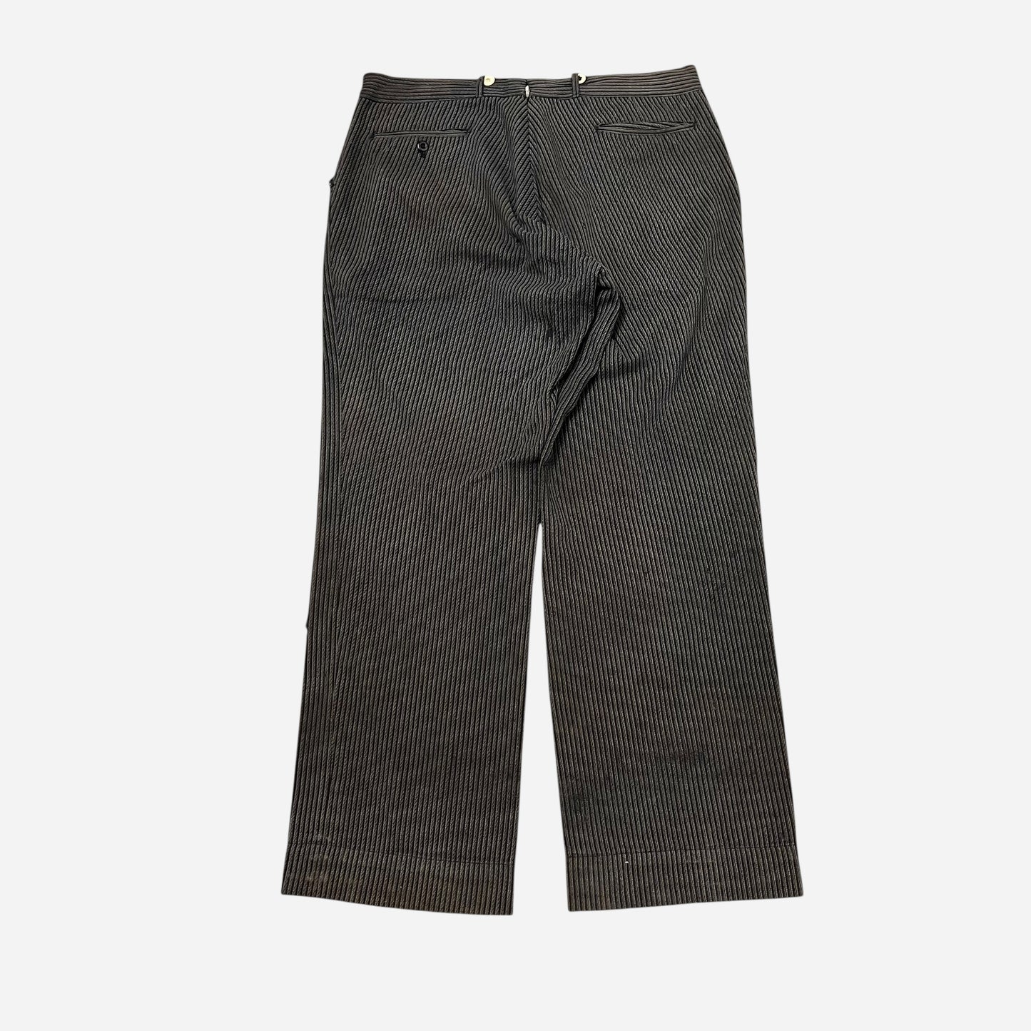 1930s Sweet Orr Stifel Whirlwind striped salt and pepper cotton repaired pants (34w)