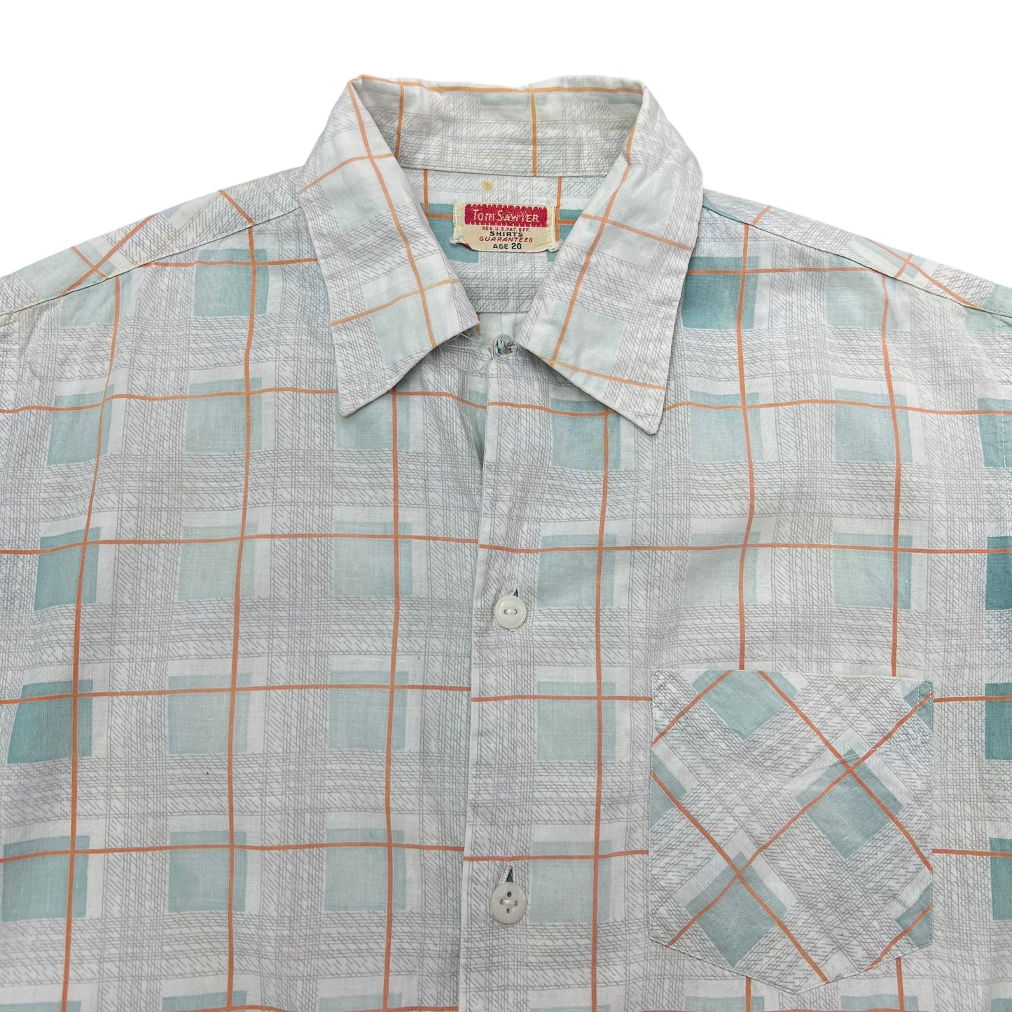 1940s Tom Sawyer sun faded plaid cotton loop collar shirt (M)